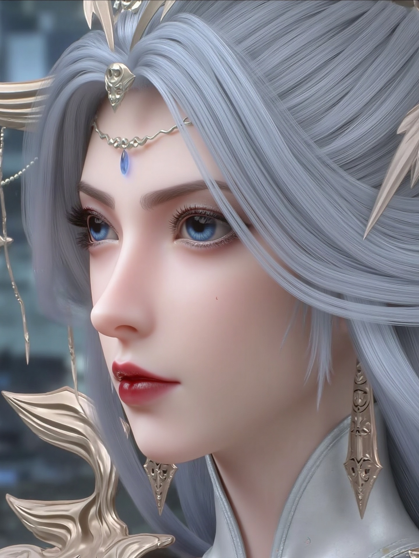 a close-up of a woman's face is depicted. Her eyes are a piercing blue, and her hair is a vibrant shade of gray, while her lips are a darker shade of red. She is wearing a silver necklace, adding a touch of color to her face. The background is blurred, creating a stark contrast to the woman's features.