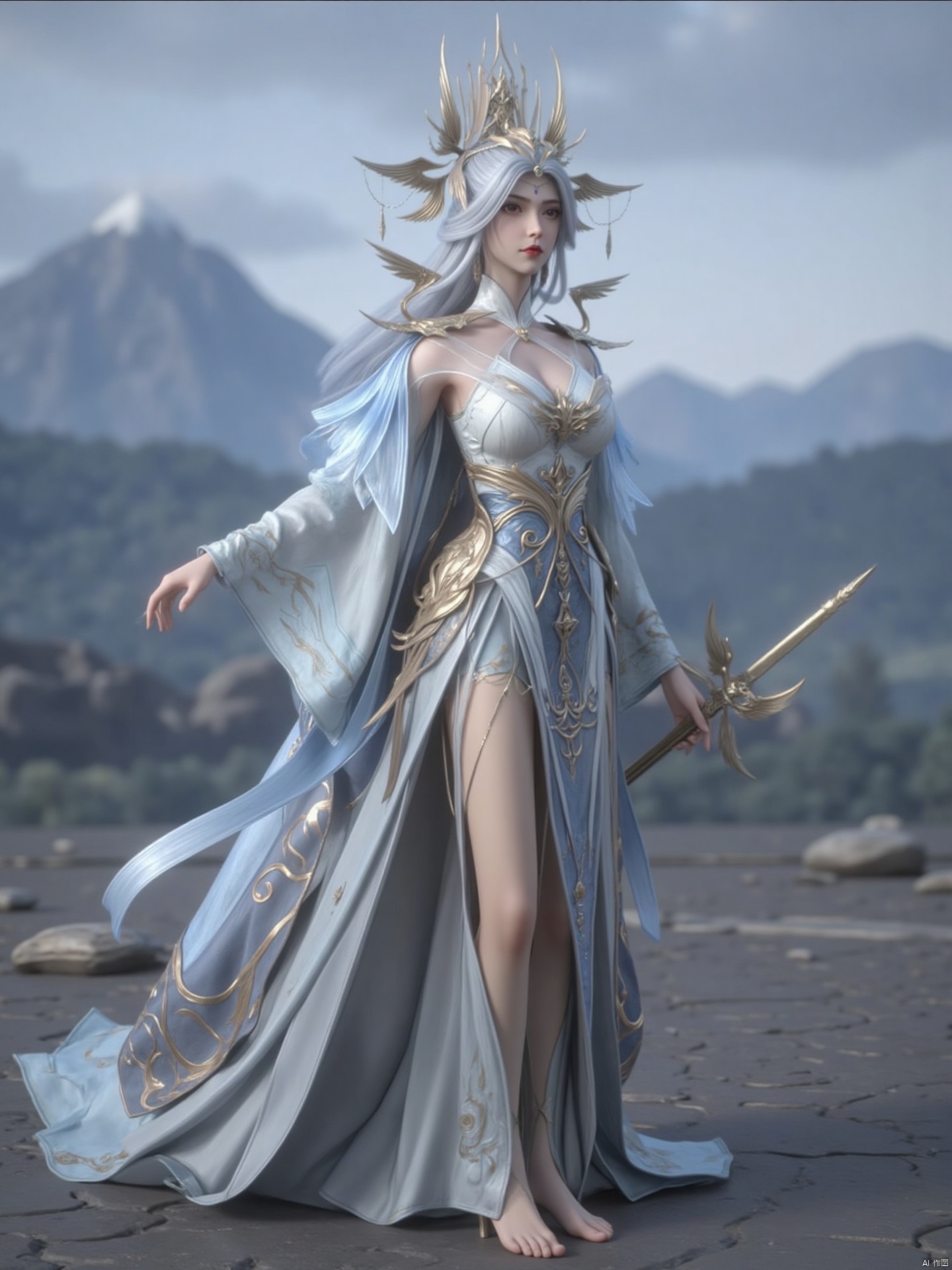 a 3D rendering of a female warrior is depicted. She is dressed in a flowing blue and gold costume, adorned with a crown on her head. Her dress is adorned with gold accents, adding a touch of sparkle to her outfit. Her hair is a light gray, and her eyes are a deep red. She stands with her left hand on her hip, holding a sword in her right hand. Her right hand is draped over her right shoulder. Her left hand is positioned in a way that she is facing the viewer. The backdrop is blurred, with a mountain range in the distance.zichu