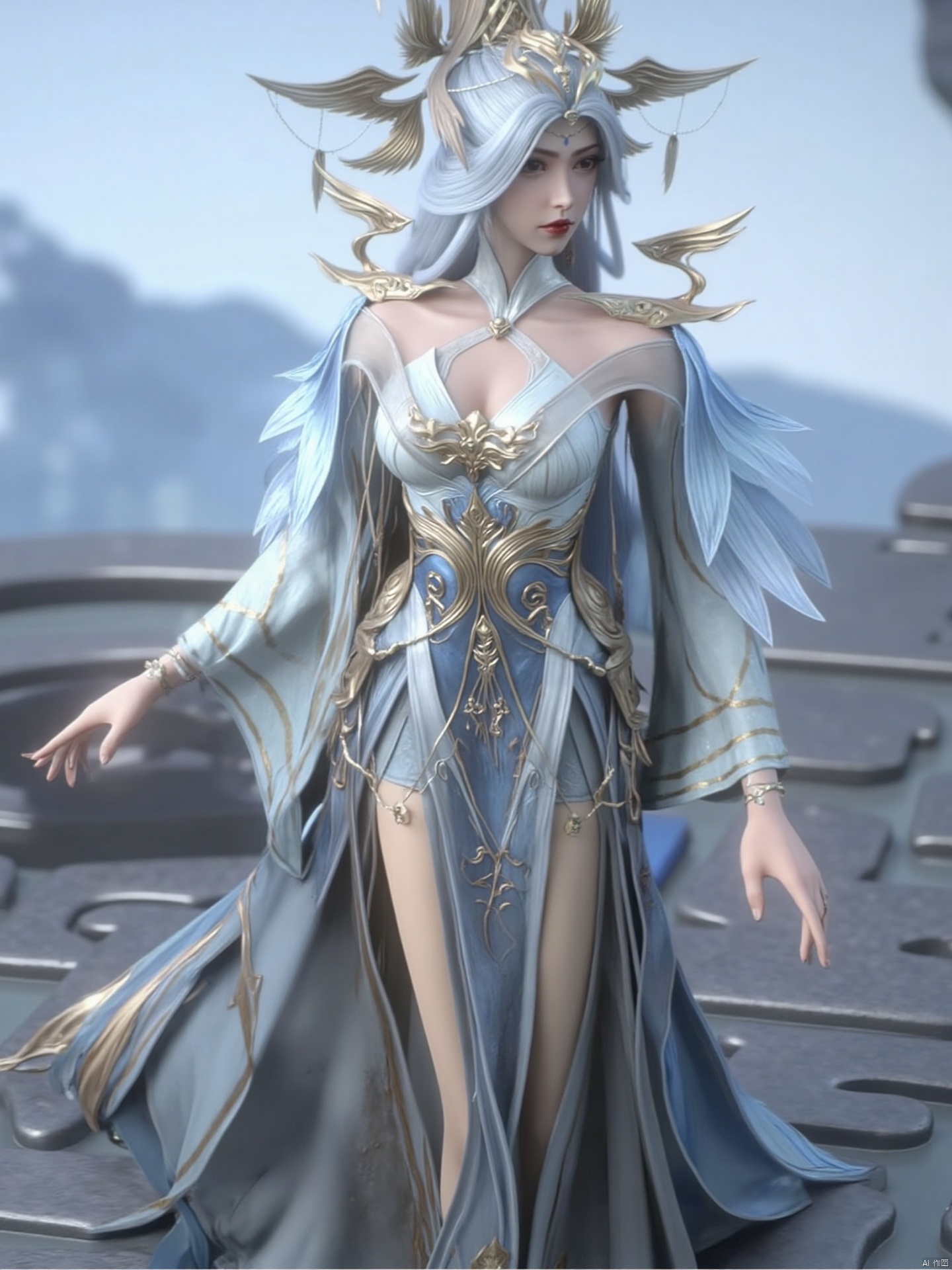 a 3D rendering of a female warrior is depicted. She is dressed in a flowing blue and gold costume, adorned with a crown on her head. Her dress is adorned with gold accents, adding a touch of sparkle to her outfit. Her hair is a light gray, and her eyes are a deep red. She stands with her left hand on her hip, holding a sword in her right hand. Her right hand is draped over her right shoulder. Her left hand is positioned in a way that she is facing the viewer. The backdrop is blurred, with a mountain range in the distance.zichu
