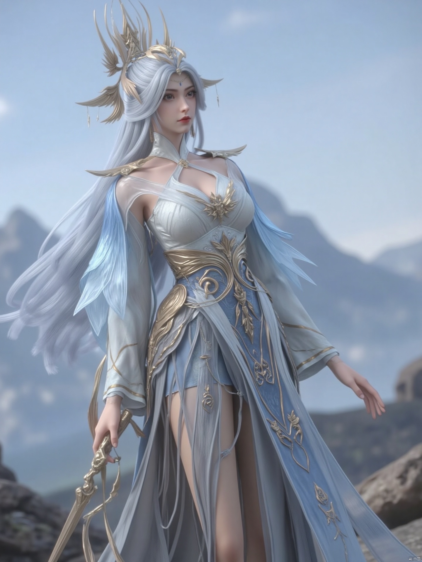 a 3D rendering of a female warrior is depicted. She is dressed in a flowing blue and gold costume, adorned with a crown on her head. Her dress is adorned with gold accents, adding a touch of sparkle to her outfit. Her hair is a light gray, and her eyes are a deep red. She stands with her left hand on her hip, holding a sword in her right hand. Her right hand is draped over her right shoulder. Her left hand is positioned in a way that she is facing the viewer. The backdrop is blurred, with a mountain range in the distance.zichu