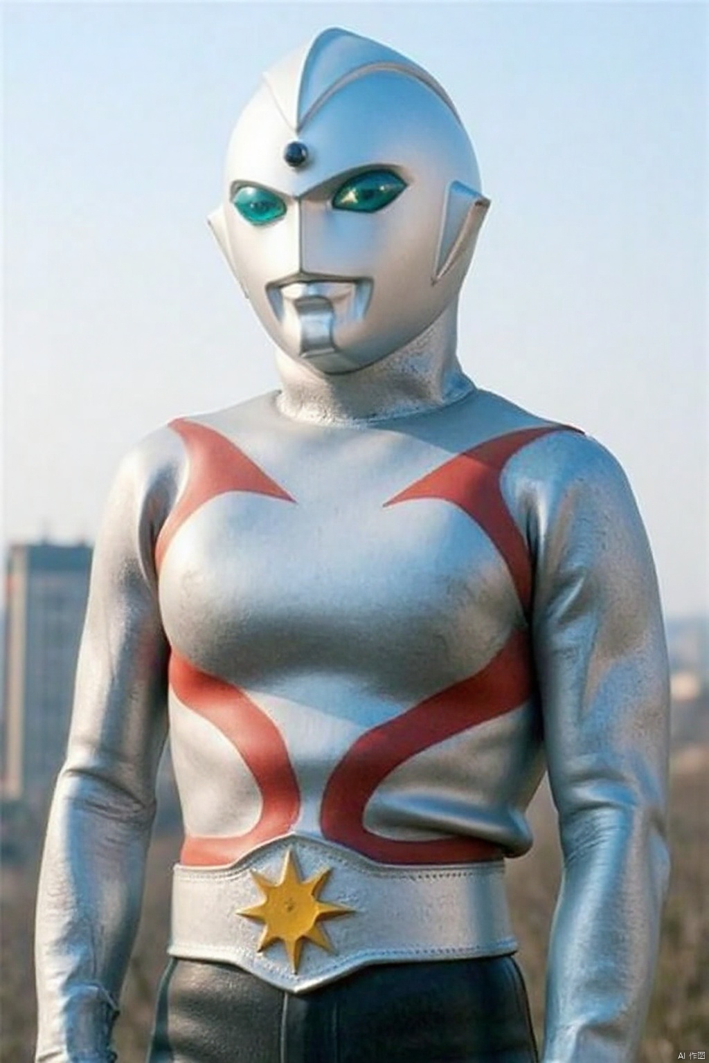 Alien Emerald,ultraman,silver bodysuit,silver gloves,legwear,gloves,boots,cover,mask,plugsuit,armor,bodysuit,red pattern on body,silver tight-fitting,silver footwear,helmet,leather suit,latex,tokusatsu,no humans,science fiction,silver head,hard mask,no smile,no eyes,no nose,solo,silver rubber bodysuit with red line