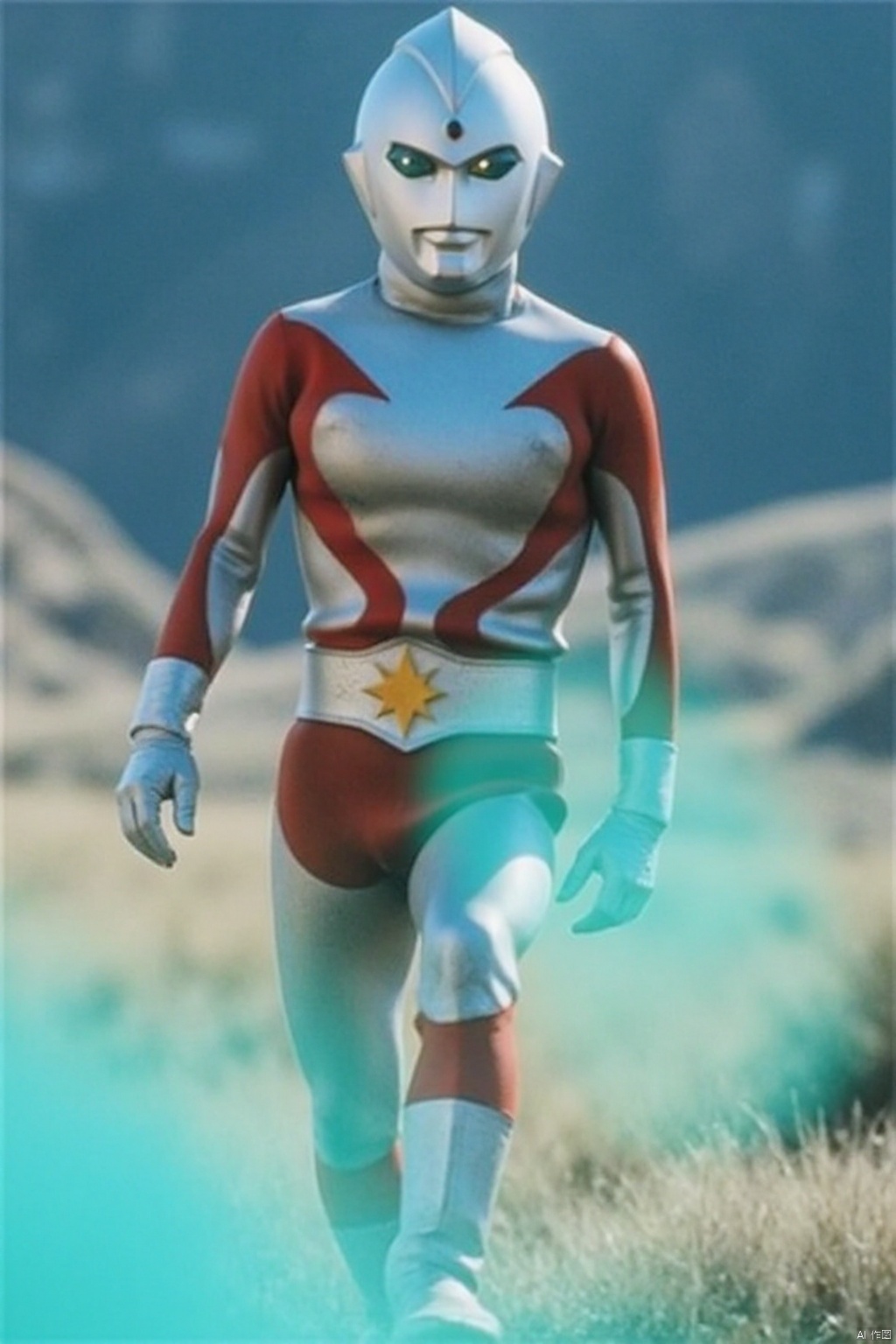 Alien Emerald,ultraman,silver bodysuit,silver gloves,legwear,gloves,boots,cover,mask,plugsuit,armor,bodysuit,red pattern on body,silver tight-fitting,silver footwear,helmet,leather suit,latex,tokusatsu,no humans,science fiction,silver head,hard mask,no smile,no eyes,no nose,solo,silver rubber bodysuit with red line
