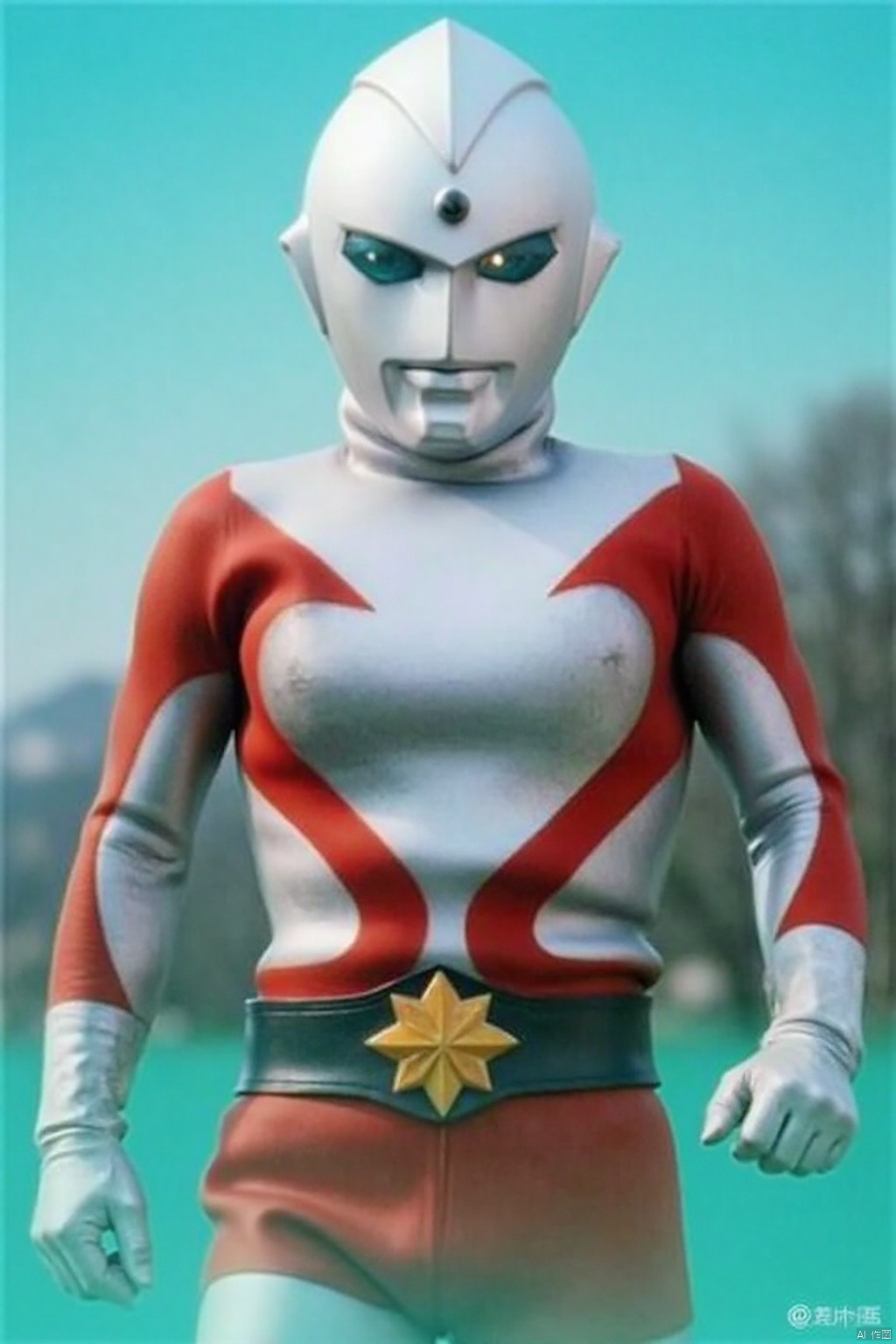 Alien Emerald,ultraman,silver bodysuit,silver gloves,legwear,gloves,boots,cover,mask,plugsuit,armor,bodysuit,red pattern on body,silver tight-fitting,silver footwear,helmet,leather suit,latex,tokusatsu,no humans,science fiction,silver head,hard mask,no smile,no eyes,no nose,solo,silver rubber bodysuit with red line