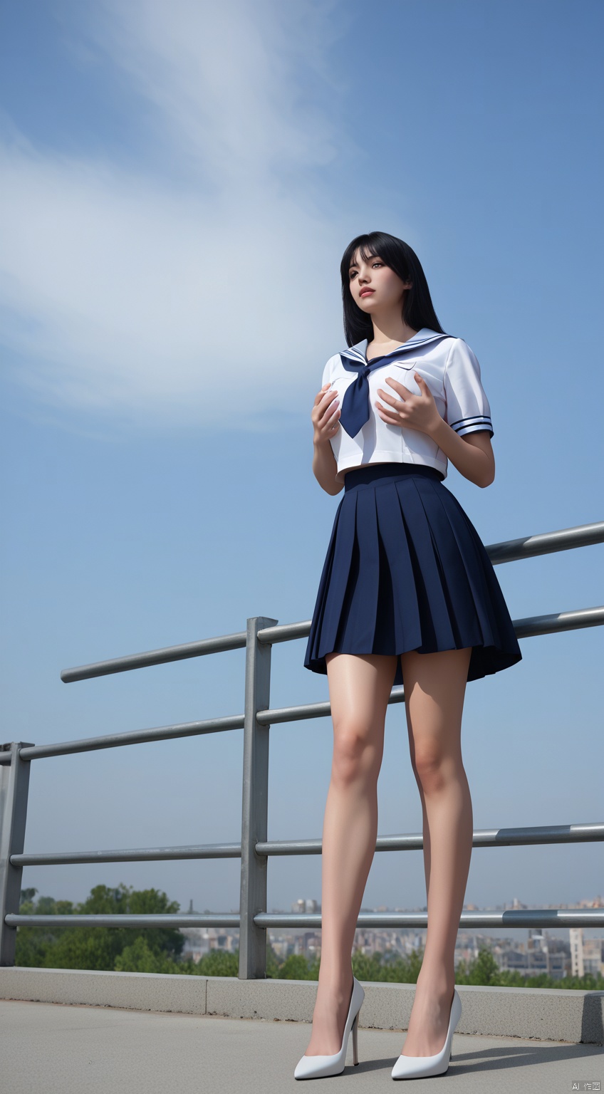 Masterpiece, best quality, high quality, (colorful), large breasts, (black hair: 1.4), (long legs 1.5),Masterpiece, best quality, high quality, (colorful), large breasts,(((black  hair))), (long legs：1.5),Real photography, high quality, masterpiece, a girl with light makeup ,wearing jk sailor suit, white short-sleeved shirt with blue striped trim, white pleated skirt, exquisite high heels, standing outdoors On the white steel structure steps, low-angle shooting, looking towards the camera, holding one hand on the handrail, the background is blue sky and white clouds, real light and shadow effects, professional composition, score_8_up, score_7_up,score_9_up,super gigantic breasts,,breasts together,grabbing own breasts.