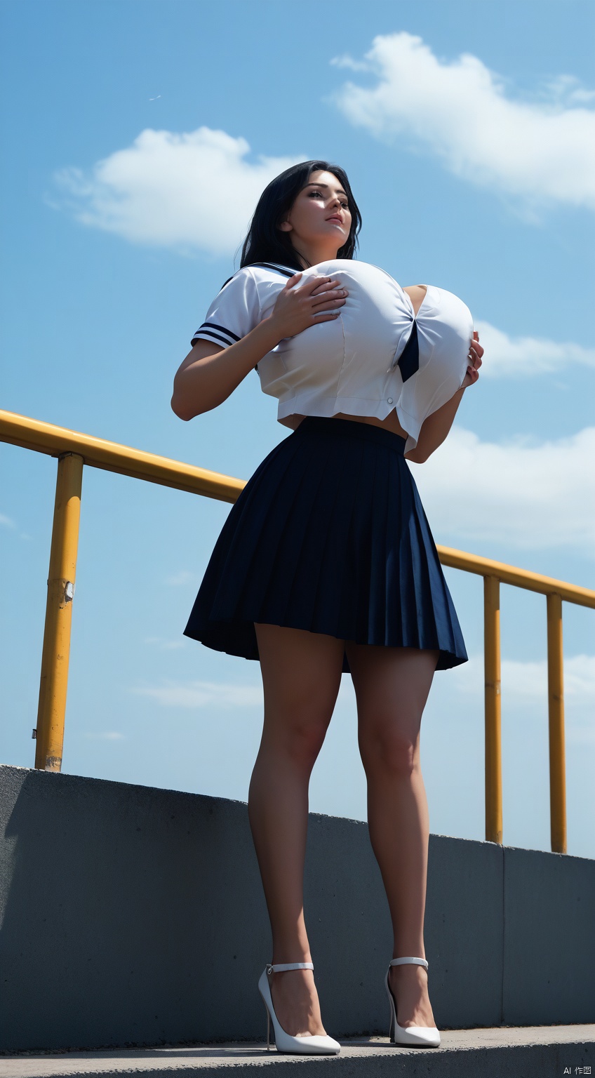 Masterpiece, best quality, high quality, (colorful), large breasts, (black hair: 1.4), (long legs 1.5),Masterpiece, best quality, high quality, (colorful), large breasts,(((black  hair))), (long legs：1.5),Real photography, high quality, masterpiece, a girl with light makeup ,wearing jk sailor suit, white short-sleeved shirt with blue striped trim, white pleated skirt, exquisite high heels, standing outdoors On the white steel structure steps, low-angle shooting, looking towards the camera, holding one hand on the handrail, the background is blue sky and white clouds, real light and shadow effects, professional composition, score_8_up, score_7_up,score_9_up,super gigantic breasts,,breasts together,grabbing own breasts.,score_6_up,score_9_up score_8_up score_7_up,breasts squeezed togther.
