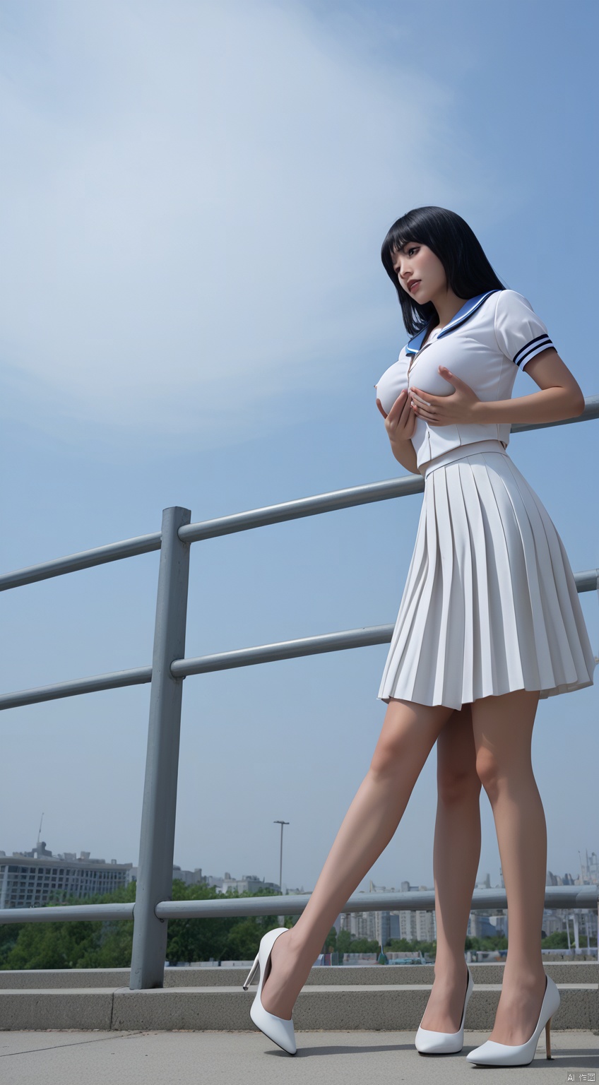 Masterpiece, best quality, high quality, (colorful), large breasts, (black hair: 1.4), (long legs 1.5),Masterpiece, best quality, high quality, (colorful), large breasts,(((black  hair))), (long legs：1.5),Real photography, high quality, masterpiece, a girl with light makeup ,wearing jk sailor suit, white short-sleeved shirt with blue striped trim, white pleated skirt, exquisite high heels, standing outdoors On the white steel structure steps, low-angle shooting, looking towards the camera, holding one hand on the handrail, the background is blue sky and white clouds, real light and shadow effects, professional composition, score_8_up, score_7_up,score_9_up,super gigantic breasts,,breasts together,grabbing own breasts.