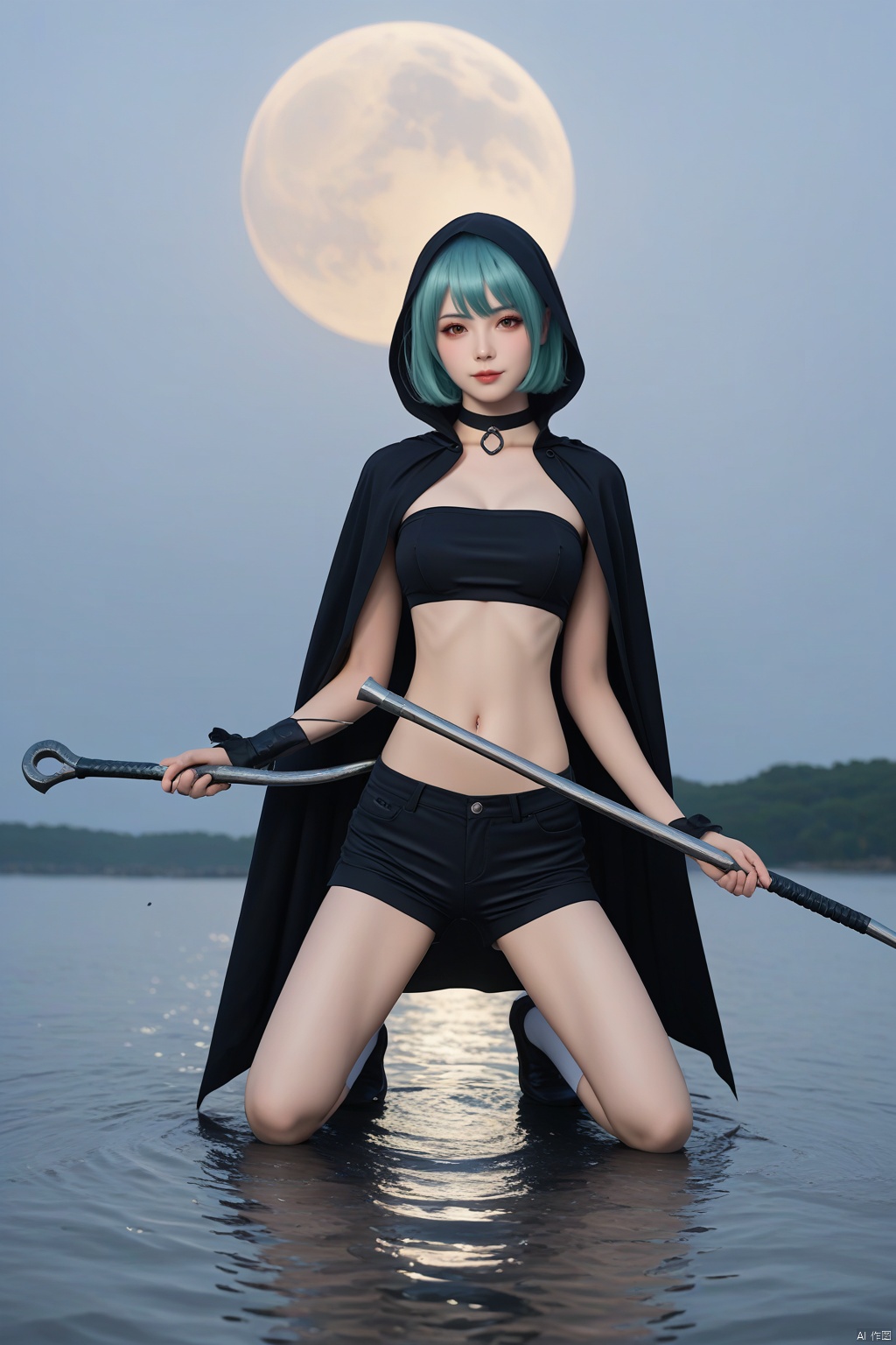 (masterpiece),(best quality),cloudy,black cloud,(water drop),moon,air,steam,fog,mist,beautiful face,beautiful detailed eyes,solo,mature female,(front view),from_below,small breasts,red eyes,(aqua hair),(gradient hair),short hair,short bangs,arched_bangs,floating hair,(((transparent horn))),single horn,asymmetrical horn,pale skin,long cloak,dirty cloak,torn cloak,black cloak,floating cloak,sleeveless,highleg,strapless top,crop top,(shorts),open_shorts,hood up,bandaged_leg,bandaged_arm,geta,frilled_sock,white sock,short socks,groin,holding scythe,(((transparent scythe))),looking_at_viewer,face_focus,bow,full body,splashing water,tiptoes,aura,squatting,Artist_azuma_aya,artist 三渲二,Artist_morikura_en,Artist_ame929,Artist_hidari\\(left_side\\),evil eyes,cutout,choker,score_9_up,score_8_up,score_7_up,super gigantic breasts,, score_8_up, score_7_up