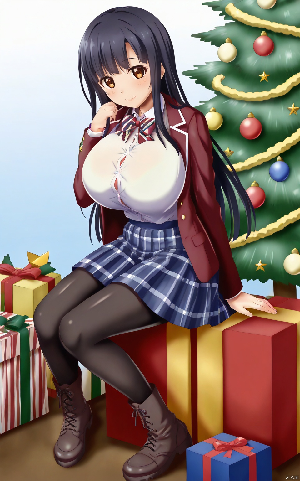1girl, solo, long hair, breasts, looking at viewer, blush, smile, bangs, skirt, shirt, black hair, long sleeves, bow, brown eyes, sitting, very long hair, closed mouth, school uniform, jacket, full body, white shirt, pantyhose, pleated skirt, boots, open clothes, collared shirt, miniskirt, bowtie, star \(symbol\), red bow, open jacket, blue skirt, plaid, black pantyhose, dress shirt, plaid skirt, brown footwear, box, christmas, red jacket, snow, gift, cross-laced footwear, striped bow, gift box, shirt tucked in, christmas tree, christmas ornaments,super gigantic breasts,