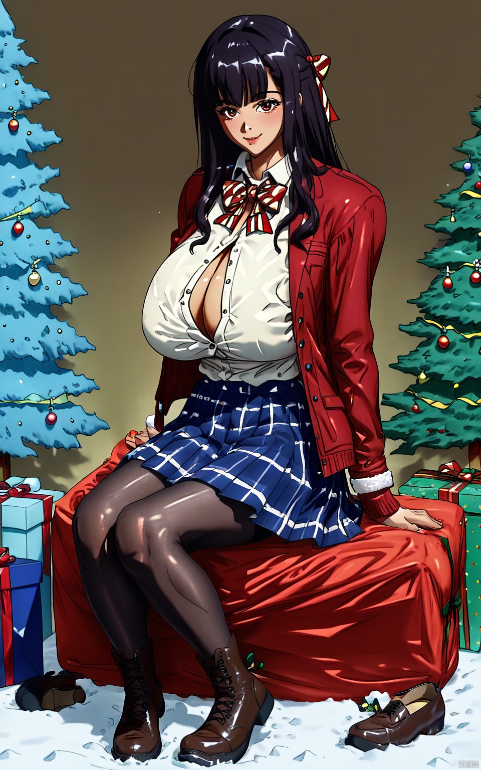 1girl, solo, long hair, breasts, looking at viewer, blush, smile, bangs, skirt, shirt, black hair, long sleeves, bow, brown eyes, sitting, very long hair, closed mouth, school uniform, jacket, full body, white shirt, pantyhose, pleated skirt, boots, open clothes, collared shirt, miniskirt, bowtie, star \(symbol\), red bow, open jacket, blue skirt, plaid, black pantyhose, dress shirt, plaid skirt, brown footwear, box, christmas, red jacket, snow, gift, cross-laced footwear, striped bow, gift box, shirt tucked in, christmas tree, christmas ornaments,super gigantic breasts,,score_9_up score_8_up score_7_up,score_6_up,D4IROKUT3NM40U,,muscles, gains, oiled bodies, big gains,,pretty faces,