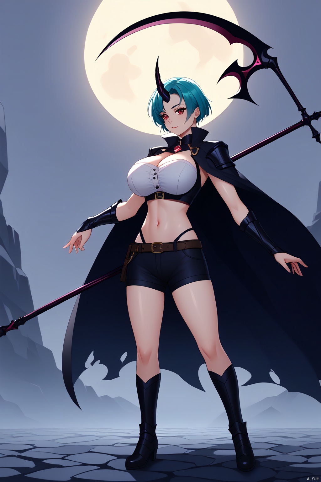 (masterpiece),(best quality),cloudy,black cloud,(water drop),moon,air,steam,fog,mist,beautiful face,beautiful detailed eyes,solo,mature female,(front view),from_below,small breasts,red eyes,(aqua hair),(gradient hair),short hair,short bangs,arched_bangs,floating hair,(((transparent horn))),single horn,asymmetrical horn,pale skin,long cloak,dirty cloak,torn cloak,black cloak,floating cloak,sleeveless,highleg,strapless top,crop top,(shorts),open_shorts,hood up,bandaged_leg,bandaged_arm,geta,frilled_sock,white sock,short socks,groin,holding scythe,(((transparent scythe))),looking_at_viewer,face_focus,bow,full body,splashing water,tiptoes,aura,squatting,Artist_azuma_aya,artist 三渲二,Artist_morikura_en,Artist_ame929,Artist_hidari\\(left_side\\),evil eyes,cutout,choker,score_9_up,score_8_up,score_7_up,super gigantic breasts,, score_8_up, score_7_up