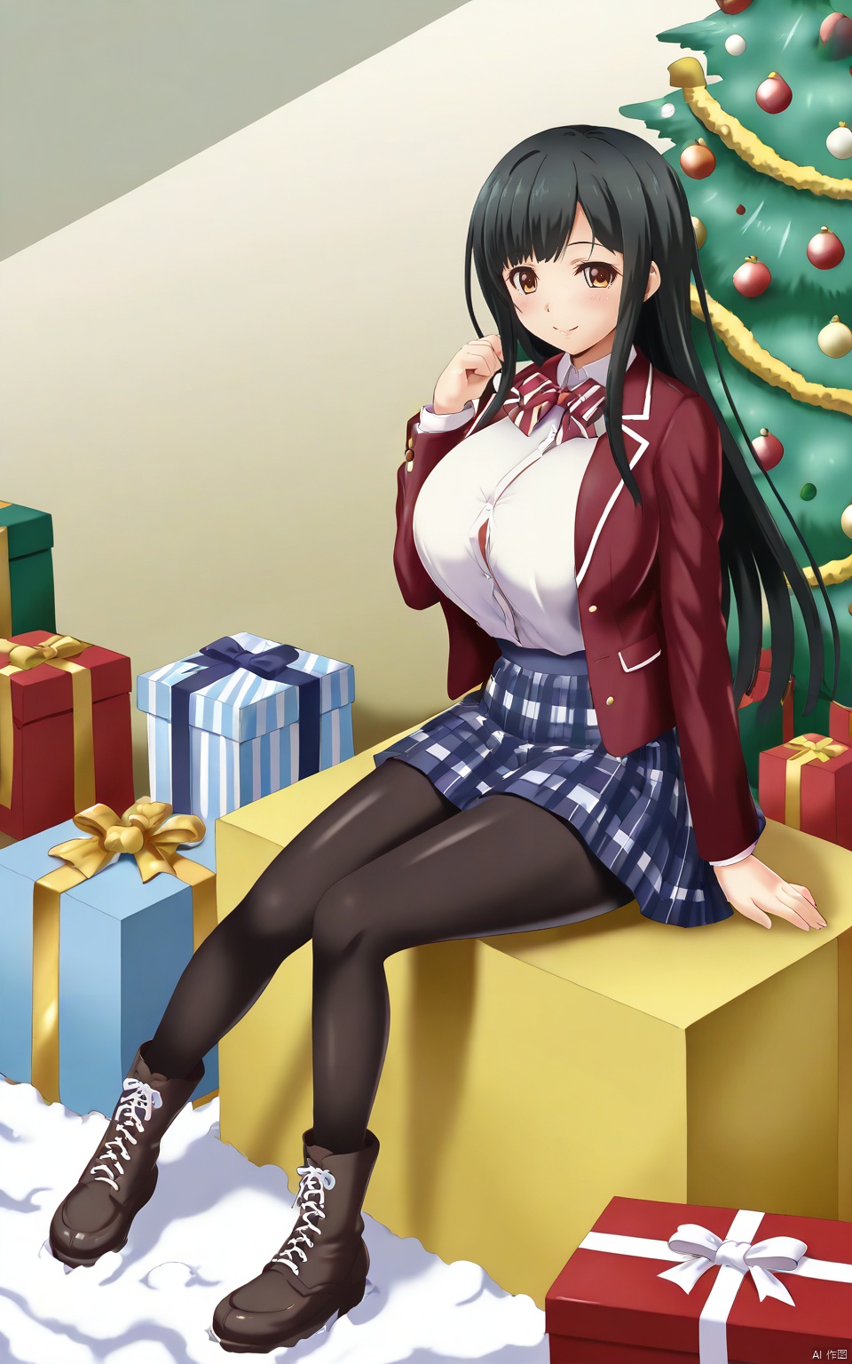 1girl, solo, long hair, breasts, looking at viewer, blush, smile, bangs, skirt, shirt, black hair, long sleeves, bow, brown eyes, sitting, very long hair, closed mouth, school uniform, jacket, full body, white shirt, pantyhose, pleated skirt, boots, open clothes, collared shirt, miniskirt, bowtie, star \(symbol\), red bow, open jacket, blue skirt, plaid, black pantyhose, dress shirt, plaid skirt, brown footwear, box, christmas, red jacket, snow, gift, cross-laced footwear, striped bow, gift box, shirt tucked in, christmas tree, christmas ornaments,super gigantic breasts,