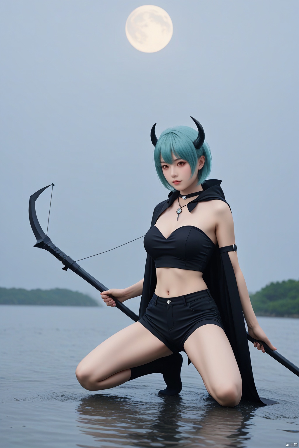 (masterpiece),(best quality),cloudy,black cloud,(water drop),moon,air,steam,fog,mist,beautiful face,beautiful detailed eyes,solo,mature female,(front view),from_below,small breasts,red eyes,(aqua hair),(gradient hair),short hair,short bangs,arched_bangs,floating hair,(((transparent horn))),single horn,asymmetrical horn,pale skin,long cloak,dirty cloak,torn cloak,black cloak,floating cloak,sleeveless,highleg,strapless top,crop top,(shorts),open_shorts,hood up,bandaged_leg,bandaged_arm,geta,frilled_sock,white sock,short socks,groin,holding scythe,(((transparent scythe))),looking_at_viewer,face_focus,bow,full body,splashing water,tiptoes,aura,squatting,Artist_azuma_aya,artist 三渲二,Artist_morikura_en,Artist_ame929,Artist_hidari\\(left_side\\),evil eyes,cutout,choker,score_9_up,score_8_up,score_7_up,super gigantic breasts,, score_8_up, score_7_up