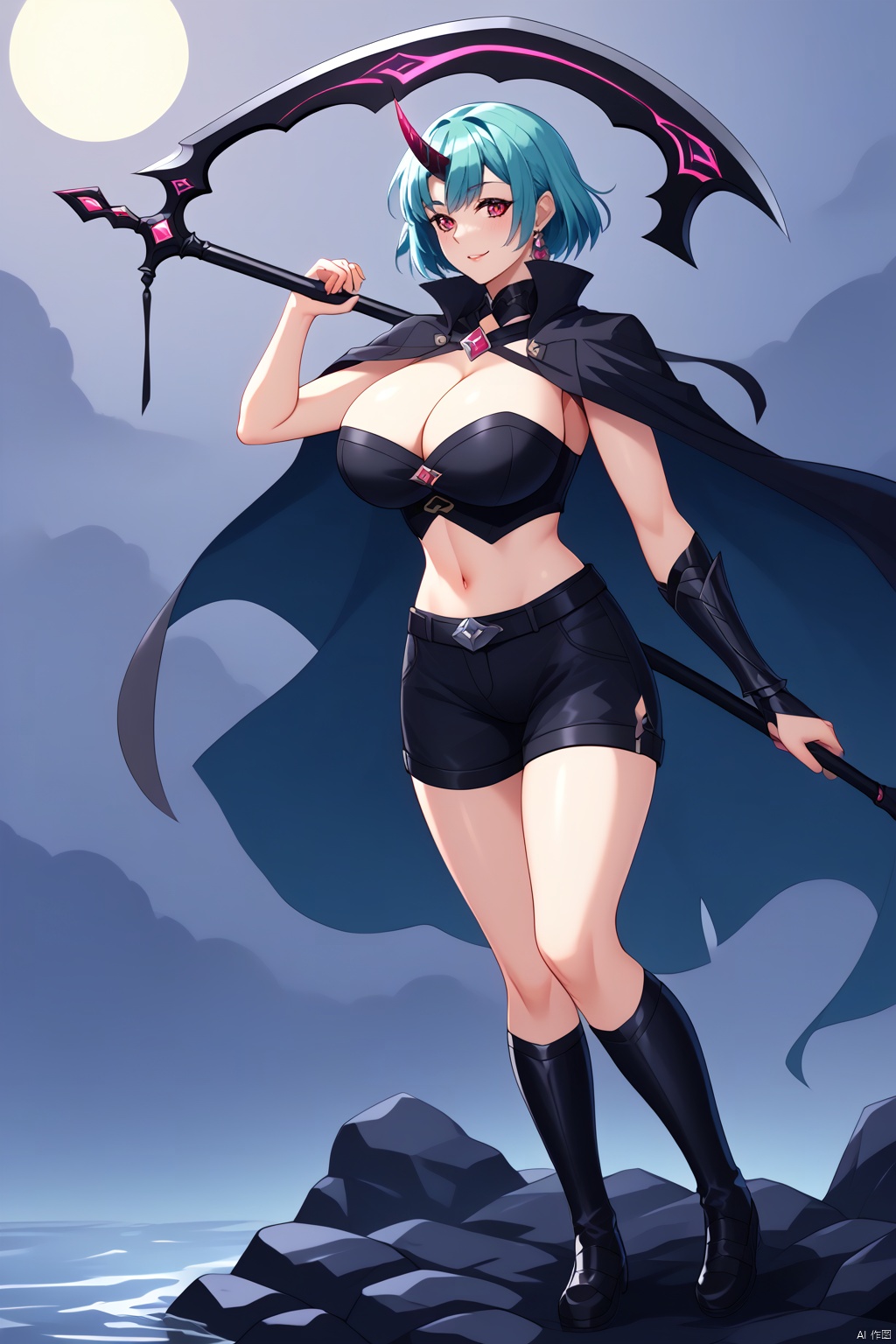 (masterpiece),(best quality),cloudy,black cloud,(water drop),moon,air,steam,fog,mist,beautiful face,beautiful detailed eyes,solo,mature female,(front view),from_below,small breasts,red eyes,(aqua hair),(gradient hair),short hair,short bangs,arched_bangs,floating hair,(((transparent horn))),single horn,asymmetrical horn,pale skin,long cloak,dirty cloak,torn cloak,black cloak,floating cloak,sleeveless,highleg,strapless top,crop top,(shorts),open_shorts,hood up,bandaged_leg,bandaged_arm,geta,frilled_sock,white sock,short socks,groin,holding scythe,(((transparent scythe))),looking_at_viewer,face_focus,bow,full body,splashing water,tiptoes,aura,squatting,Artist_azuma_aya,artist 三渲二,Artist_morikura_en,Artist_ame929,Artist_hidari\\(left_side\\),evil eyes,cutout,choker,score_9_up,score_8_up,score_7_up,super gigantic breasts,, score_8_up, score_7_up