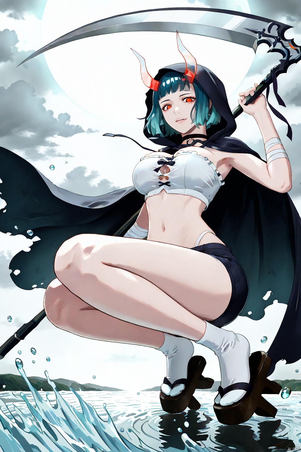(masterpiece),(best quality),cloudy,black cloud,(water drop),moon,air,steam,fog,mist,beautiful face,beautiful detailed eyes,solo,mature female,(front view),from_below,small breasts,red eyes,(aqua hair),(gradient hair),short hair,short bangs,arched_bangs,floating hair,(((transparent horn))),single horn,asymmetrical horn,pale skin,long cloak,dirty cloak,torn cloak,black cloak,floating cloak,sleeveless,highleg,strapless top,crop top,(shorts),open_shorts,hood up,bandaged_leg,bandaged_arm,geta,frilled_sock,white sock,short socks,groin,holding scythe,(((transparent scythe))),looking_at_viewer,face_focus,bow,full body,splashing water,tiptoes,aura,squatting,Artist_azuma_aya,artist 三渲二,Artist_morikura_en,Artist_ame929,Artist_hidari\\(left_side\\),evil eyes,cutout,choker,score_9_up,score_8_up,score_7_up,super gigantic breasts,, score_8_up, score_7_up
