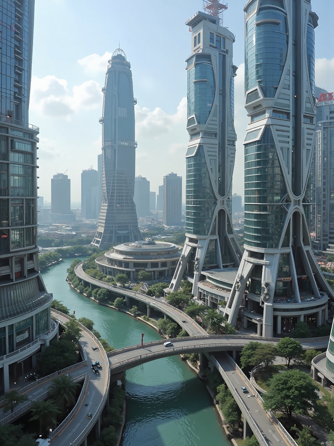 ((masterpiece)), ((best quality)), 8k, high detailed, ultra-detailed, In a futuristic modern metropolis, futuristic punk style, glass and streamlined urban structures, new Chinese architectural style, Aerial photography, Photography, Real scenery, 8K, Ultra detail,（Adequate sunlight 9.9）,