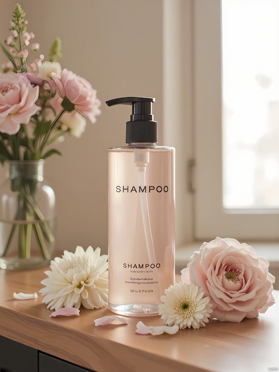 A bottle of shampoo on a warm beige background. The bottle on the left is placed on a wooden countertop,, surrounded by flowers and petals decorated with a blurred view from a window in the background, high resolution, luxurious beauty