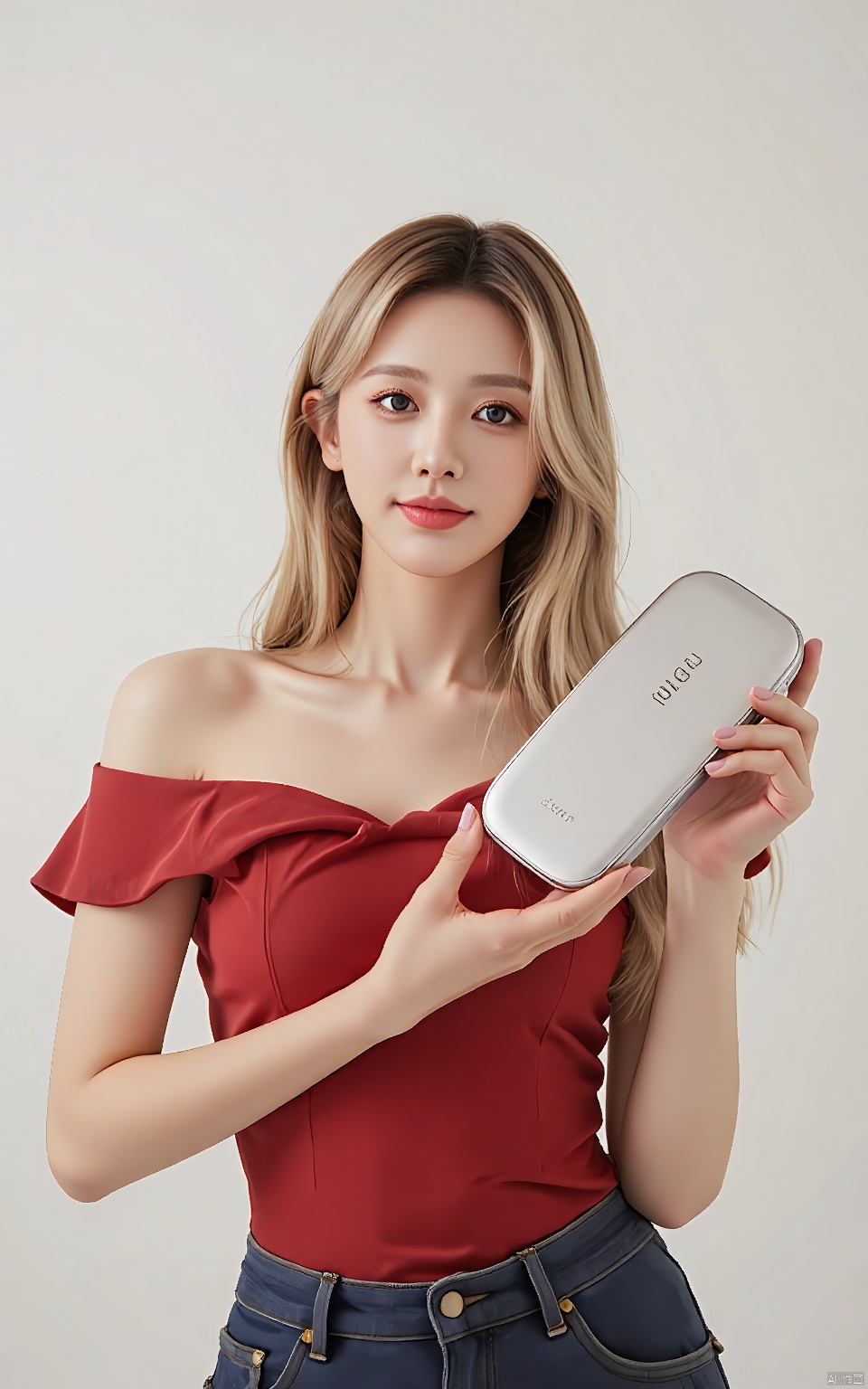 SCCP, A woman with long blonde hair poses, clad in a red, off-the-shoulder top and jeans, cradling a sleek, silver cosmetic compact. Her face wears a soft smile, against a minimalist, chic backdrop.