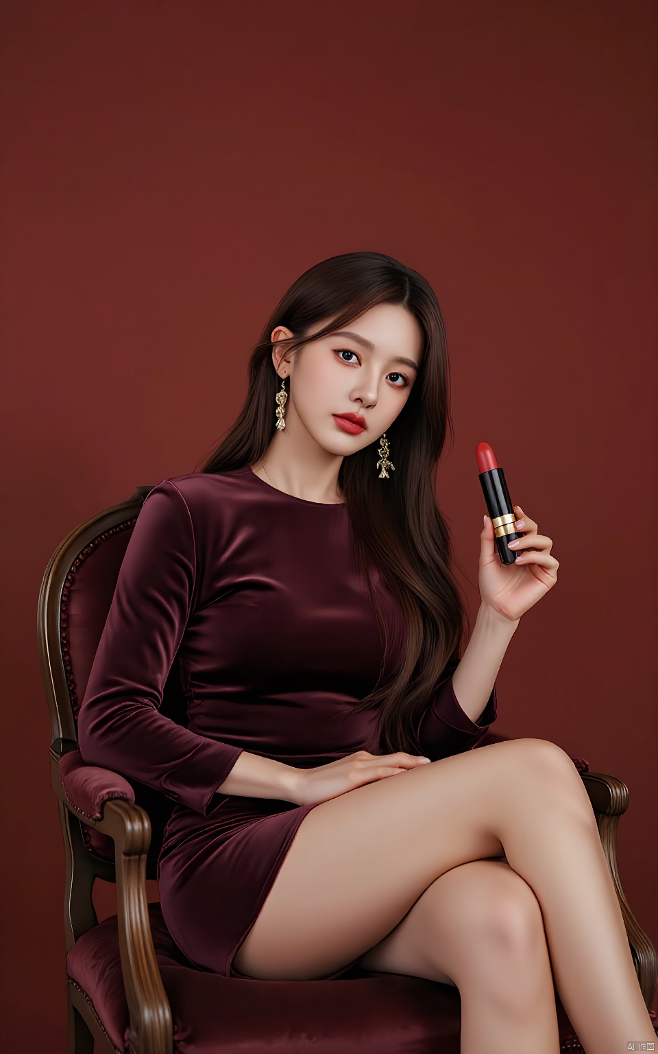 SCCP, Snapshot of a woman with long auburn hair, adorned in a velvet, burgundy dress and feather earrings, clutching a lipstick, seated on a velvet chair against a crimson background.