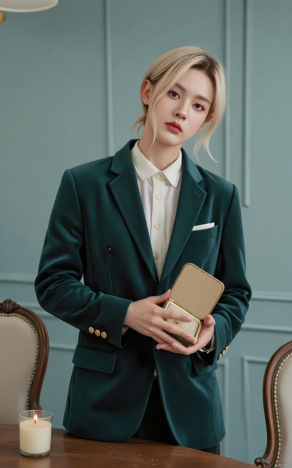 SCCP, Image of a young man with short blonde hair, dressed in a velvet, emerald green jacket, clutching a gold compact mirror, standing by a wooden table against a cool blue backdrop.