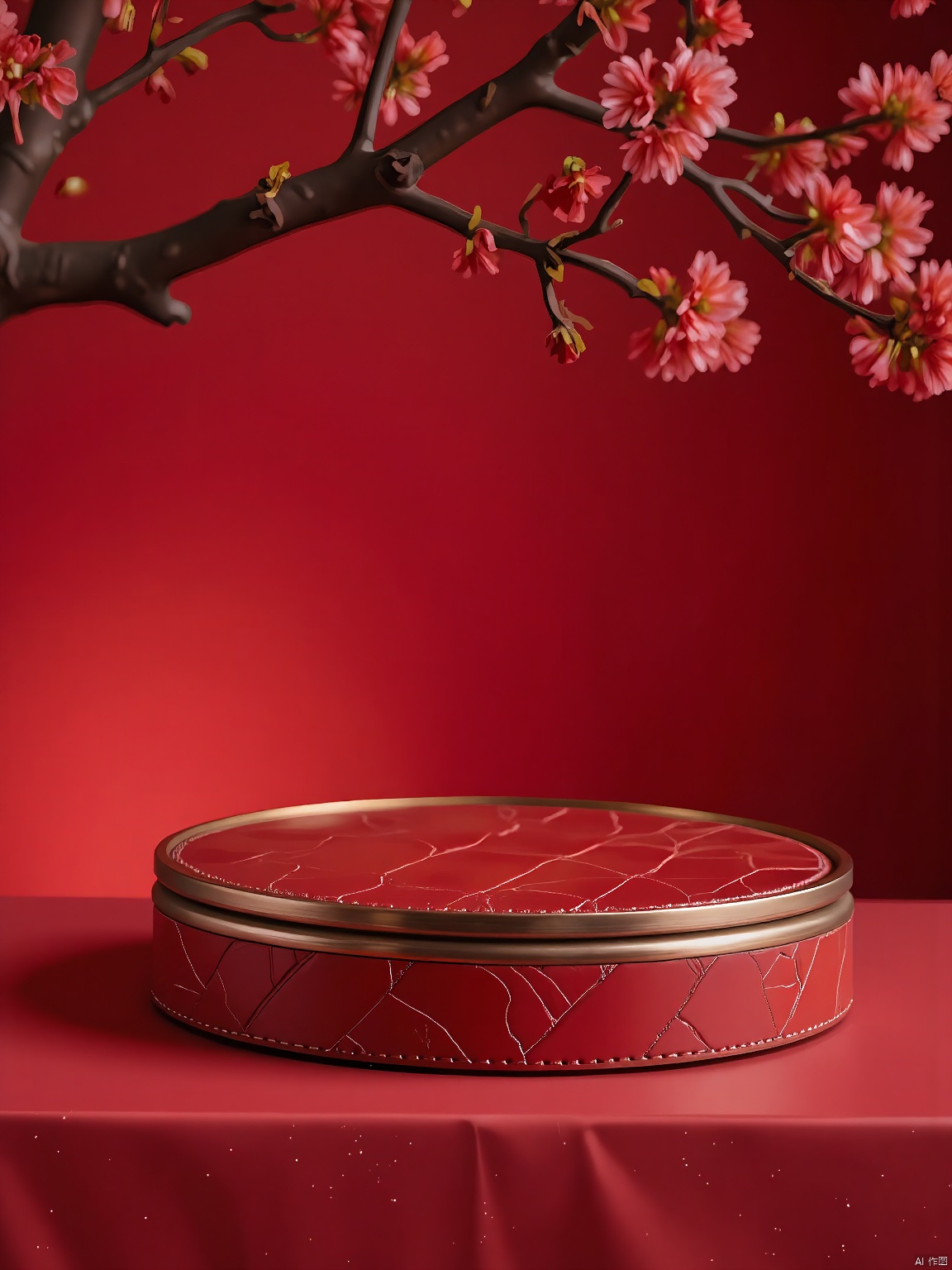 NHJ's E-commerce booth showcases a mesmerizing photograph of a red leather-wrapped base, its rich patina adding depth, resting against a backdrop of luminous cherry blossom red.
