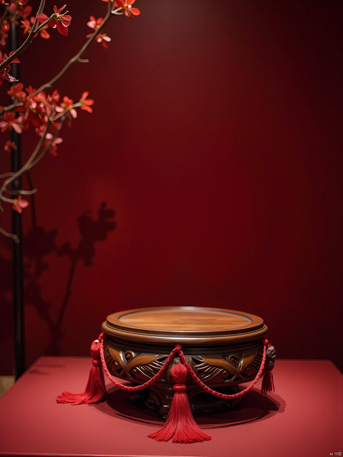NHJ, E-commerce booth, Presented here is a mesmerizing image of an empty but refined display: a round, rosewood base with carved phoenix motifs sits on a pedestal adorned with red tassels. The backdrop is a deep, cherry red.