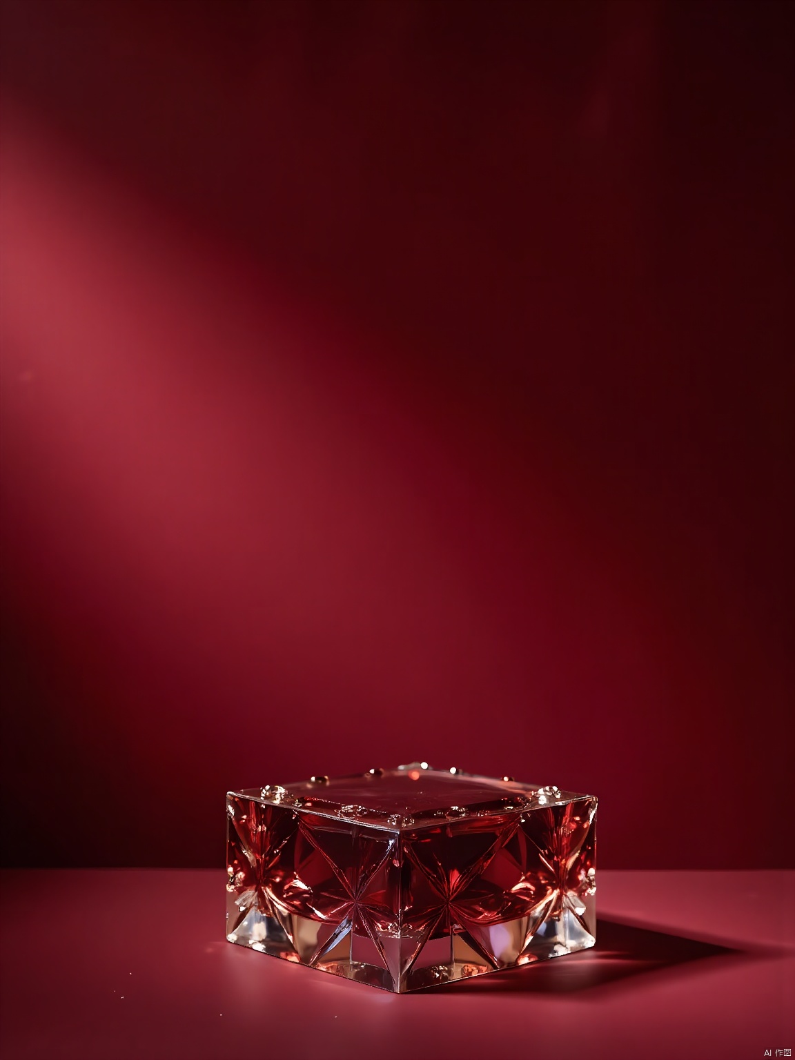 In the NHJ E-commerce booth, a stunning image reveals a sophisticated display: a red crystal base, with faceted edges, sparkles against a backdrop of radiant wine red.
