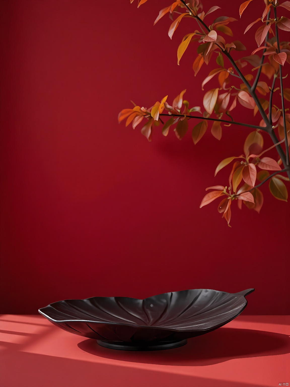 NHJ, E-commerce booth, A mesmerizing image presents a clean and balanced display: a leaf-shaped black base sits naturally, its form echoing nature's beauty. The backdrop is a vibrant, crimson lake red, bringing the outdoors indoors.