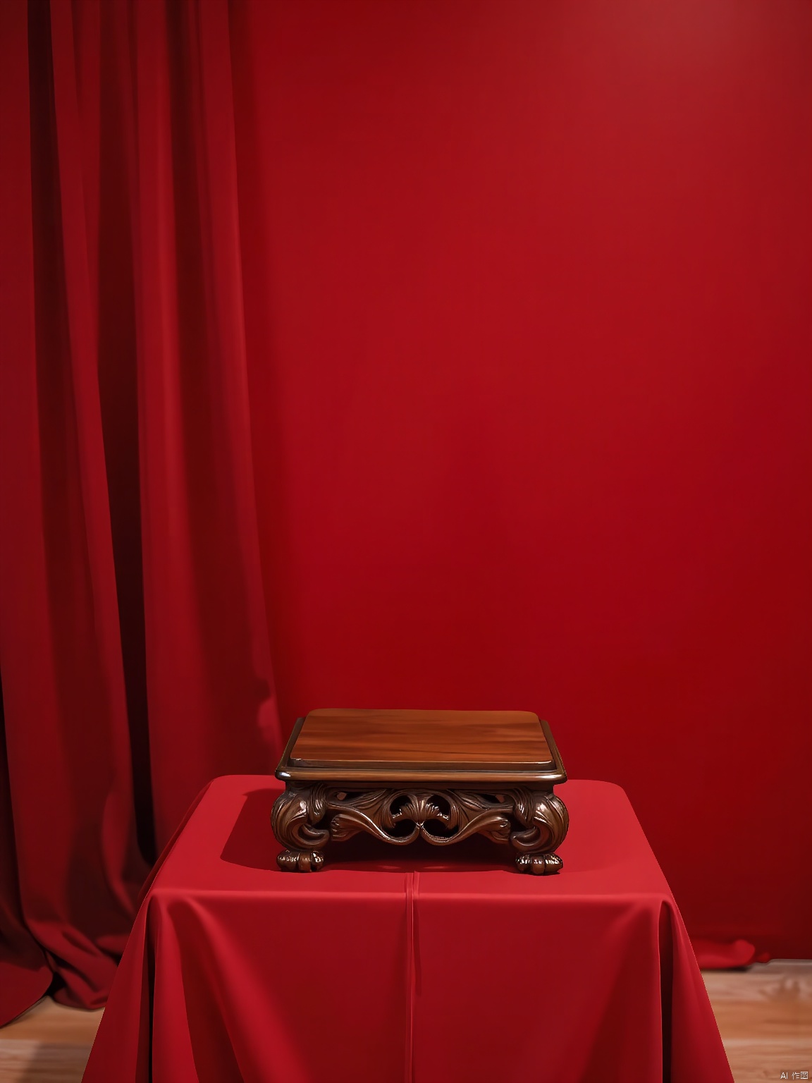 Presented by NHJ E-commerce booth, this photograph reveals an elegant, empty setup: a square, rosewood base with carved dragon motifs rests on a pedestal draped in red silk. The backdrop is a striking, cardinal red.