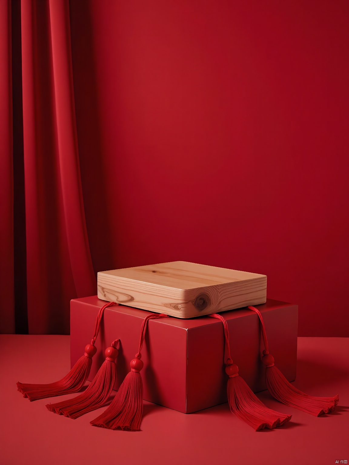 A stunning visual from the NHJ E-commerce booth, this photograph showcases a minimalist, yet sophisticated setup: a square, bamboo base with natural grains and knots sits atop a pedestal adorned with red silk tassels. The backdrop is a vivid, scarlet red.