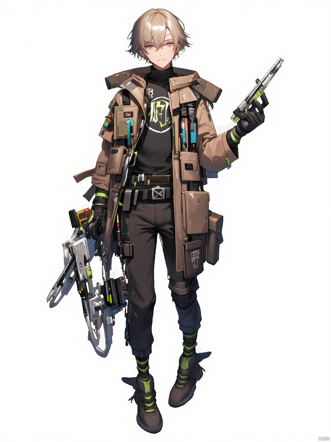 JSLH, A boy with short, sandy blonde hair, wears a mix of tactical gear and streetwear, including a padded vest with pockets filled with gadgets. He clutches a futuristic grappling hook launcher, ready to spring into action. His sneakers have built-in spring mechanisms for enhanced jumps.