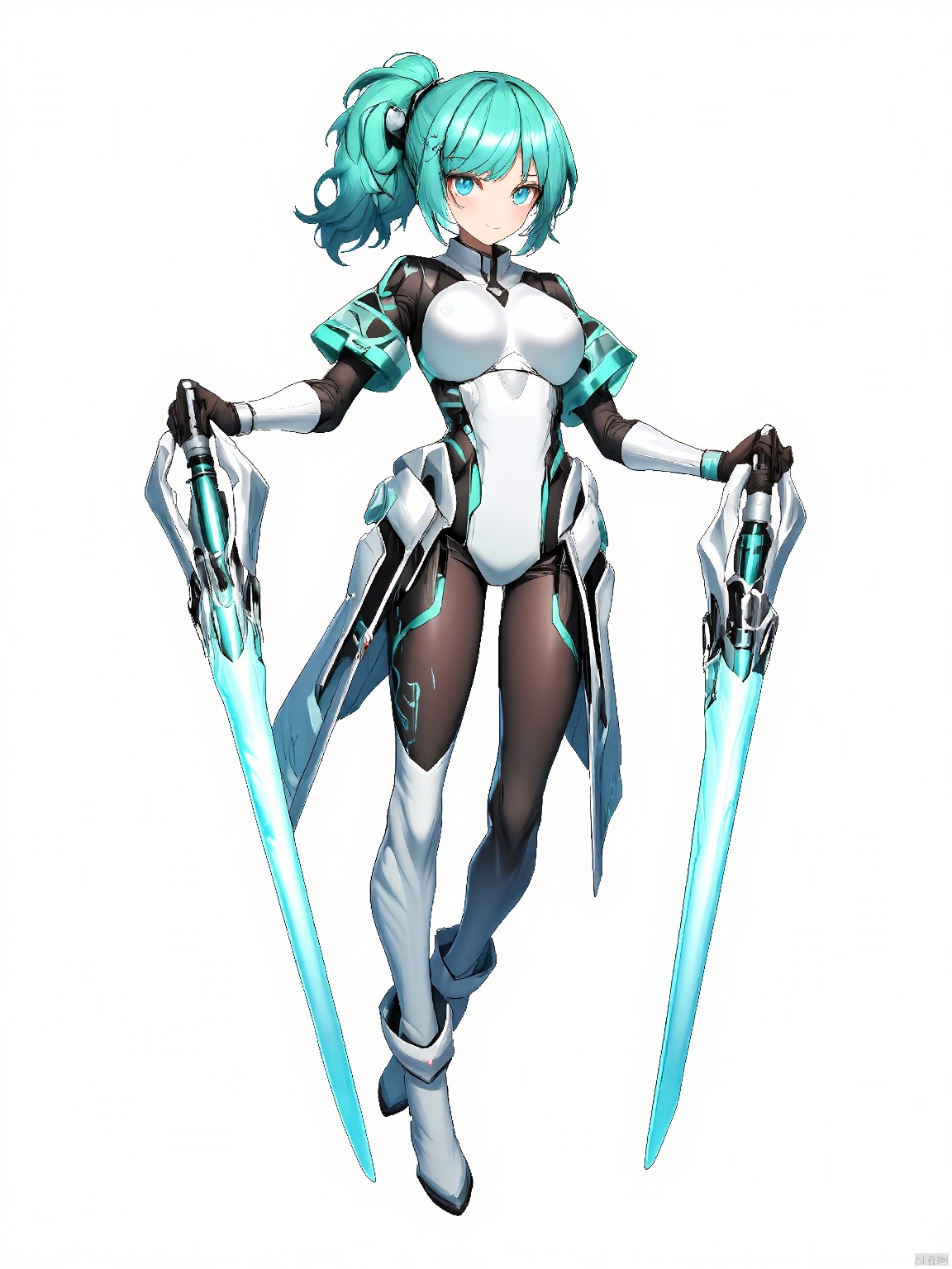 JSLH, A girl with wavy, teal-colored hair tied back in a high ponytail, sports a sleek, white and chrome armor suit with transparent visors. She holds a dual-wielded pair of plasma swords, her stance ready for action. Her eyes are sharp and alert, her expression serious. She wears sleek, form-fitting boots.