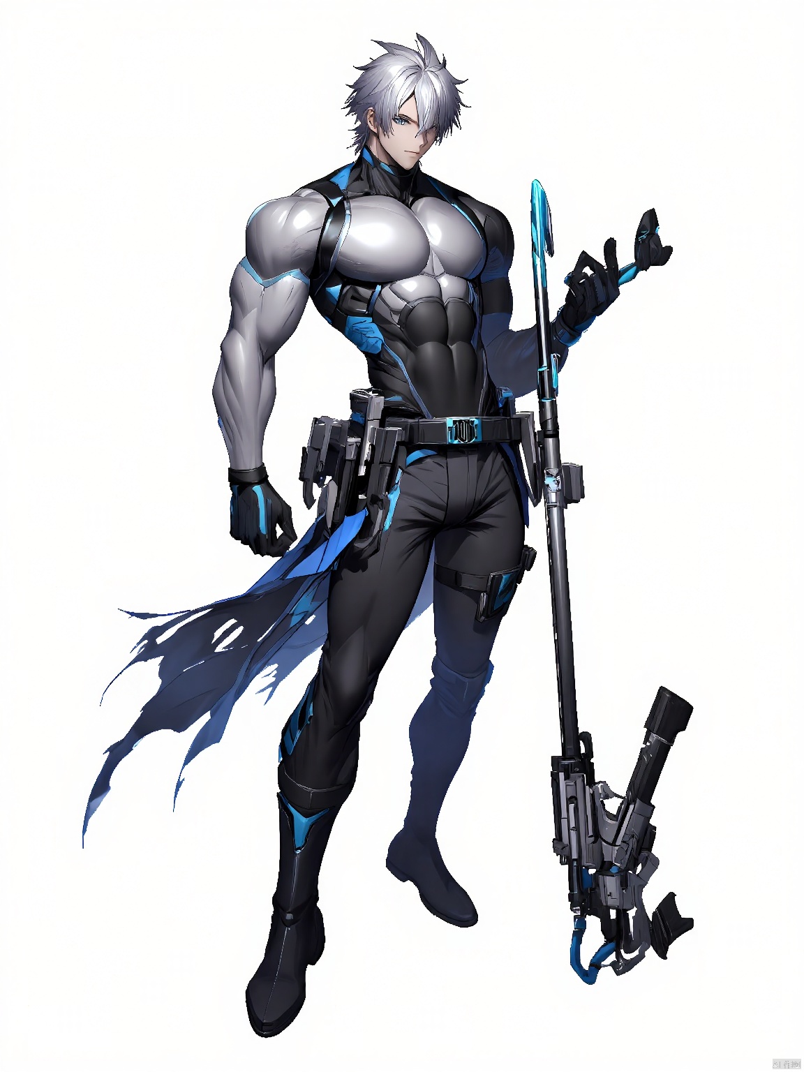 JSLH, A tall male figure with silver hair styled in spikes, wearing a high-tech armor set in shades of grey and blue, holding a plasma rifle. The white background enhances his imposing stance.