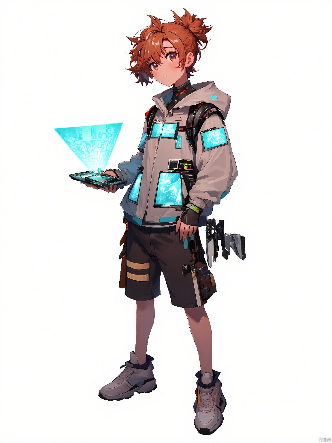 JSLH, A girl with curly, auburn hair tied back in a messy bun, wears a mix of casual and futuristic clothing, including a hoodie with built-in augmented reality displays. She holds a small, sleek device that projects holographic images, her expression curious and engaged. She wears chunky, stylish sneakers.
