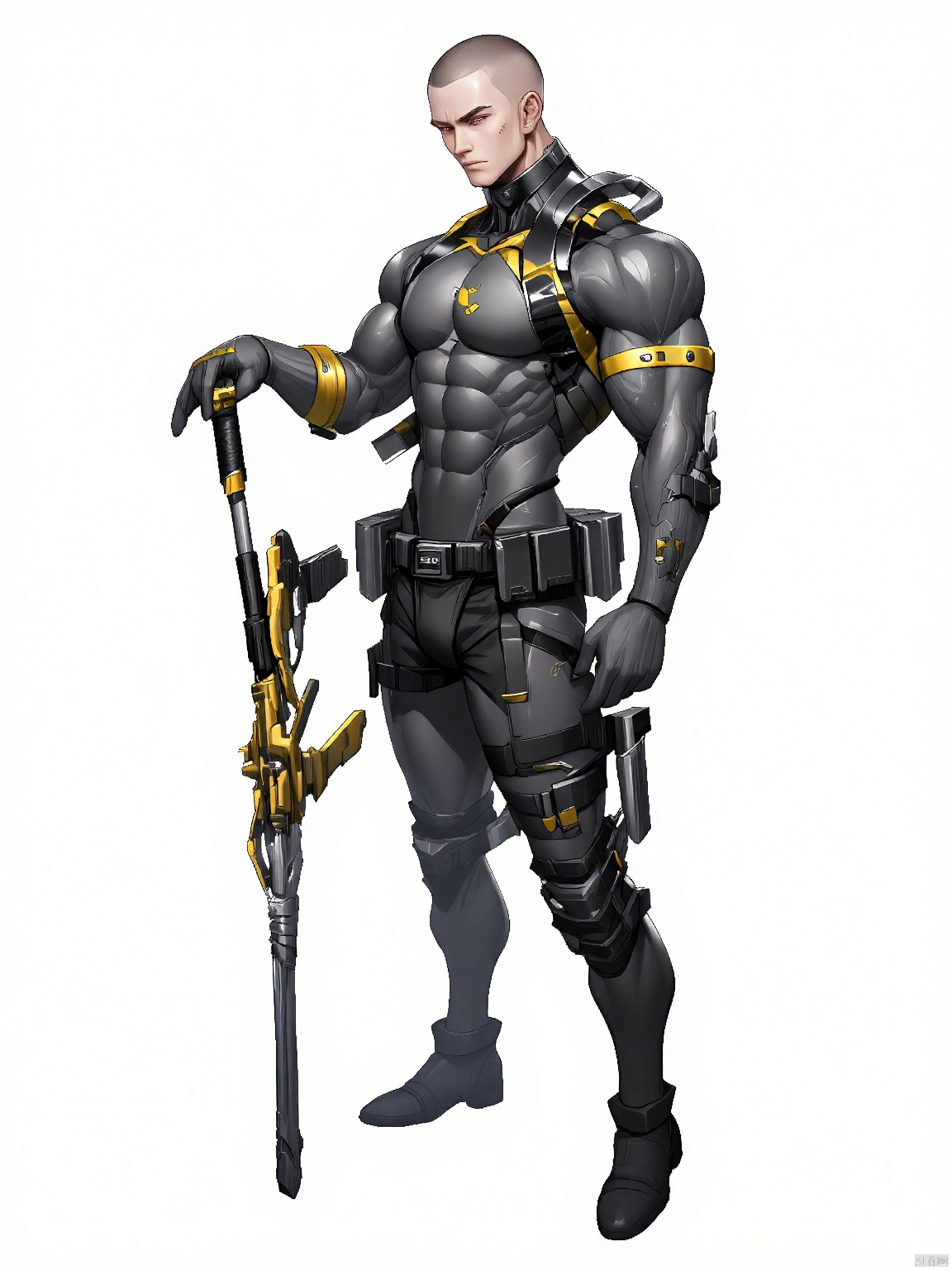 JSLH, A muscular male with shaved head and cybernetic implants, dressed in a heavy-duty suit of dark grey and gold, standing with a mechanical staff. His strength is emphasized by the stark white setting.