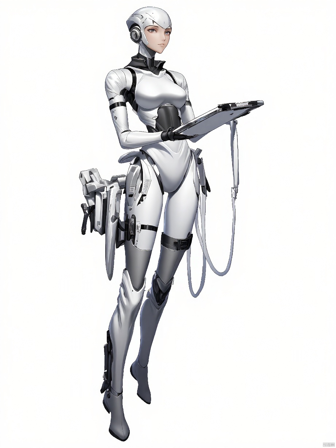JSLH, A female robot with sleek silver and white plating, displaying humanoid features and holding a data pad. Her expression is serene as she stands against the simple white background.