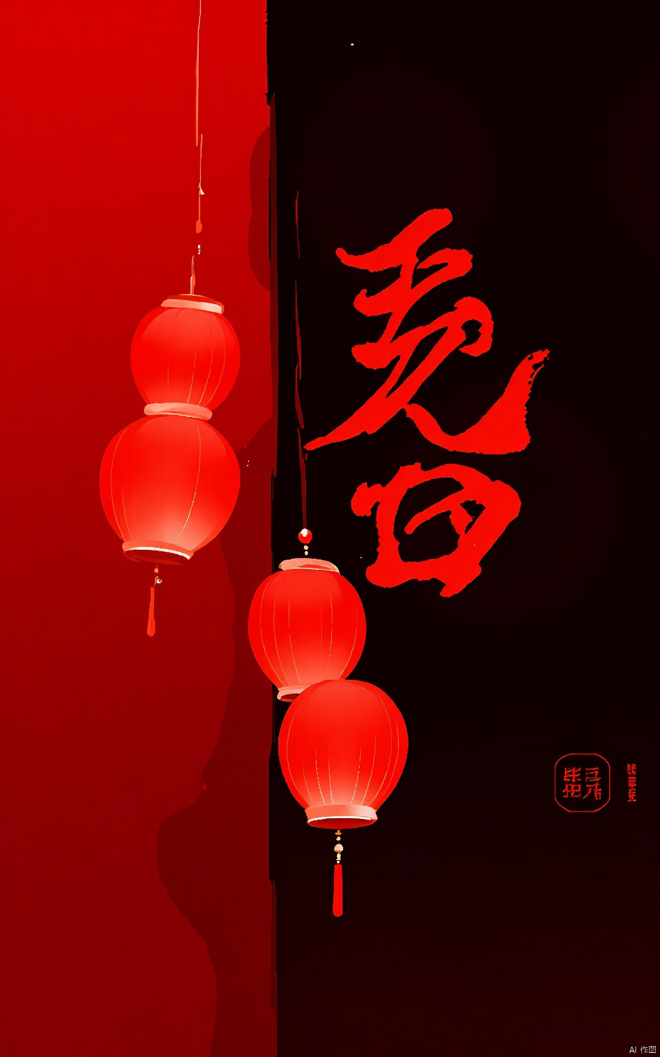 YDHB, illustration, flat poster with a minimalist illustration of a traditional gate with red lanterns. The backdrop is a sleek gradient of reds and blacks, adding a touch of sophistication.