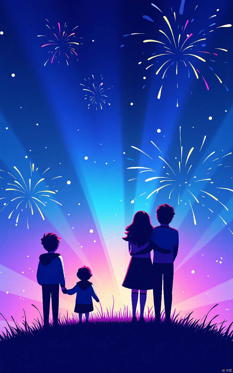 YDHB, illustration, flat poster showcasing a minimalist illustration of a family watching fireworks. The background is a dynamic gradient of blues and purples, underscoring the magic of the night.