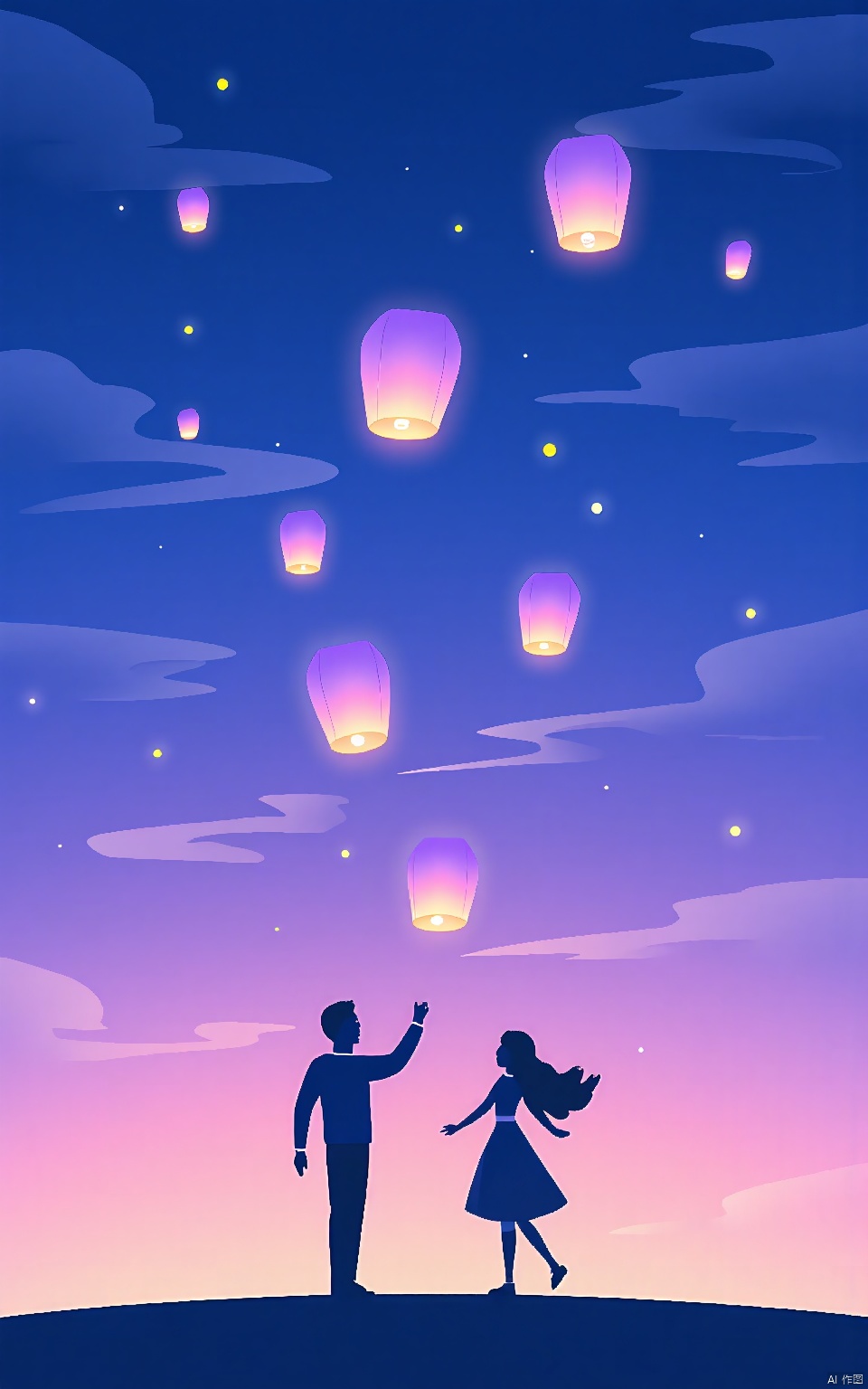YDHB, illustration, flat poster with a minimalist illustration of a couple releasing sky lanterns. The backdrop is a gentle gradient of blues and purples, symbolizing wishes and dreams.