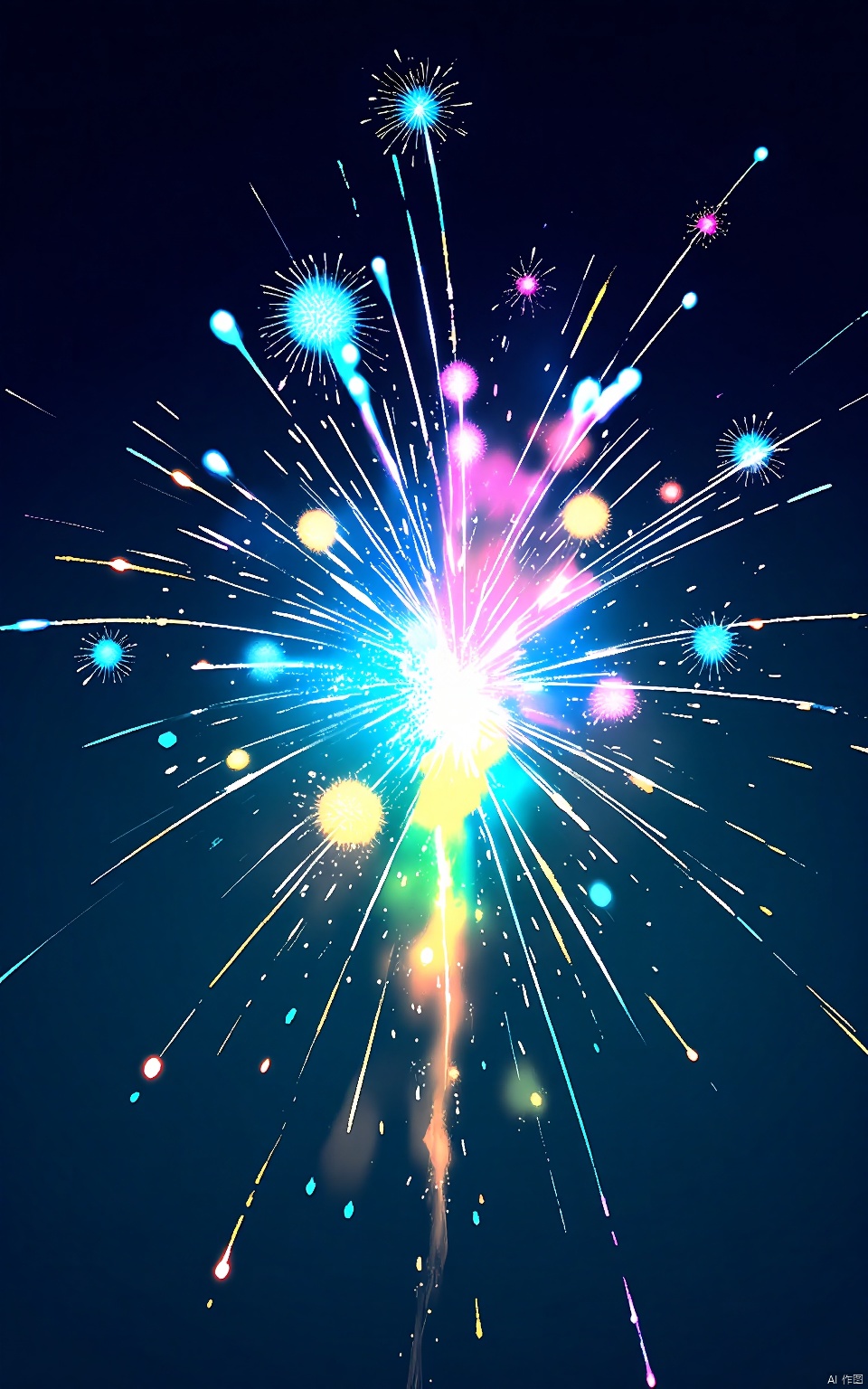 YHCH, featuring a dynamic explosion of colored fireworks in the night sky. The scene is filled with bright neon hues of blue, pink, yellow and green, with sparks and traces emanating from the center. The background is dark blue, which contrasts with the bright colors,