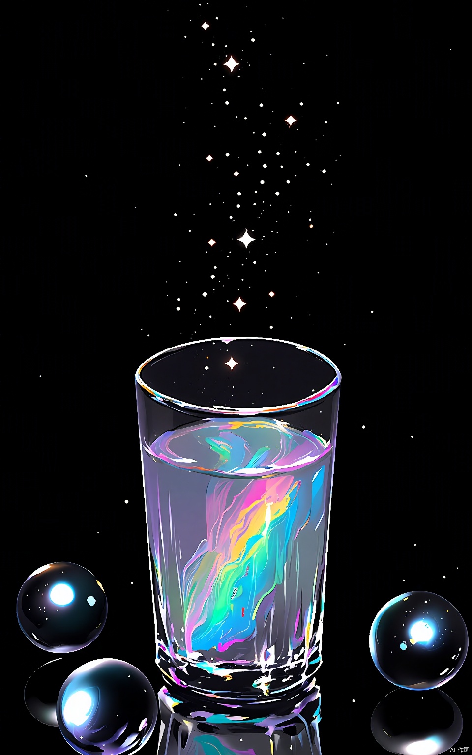 YHCH, a glass of clear water, has a swirling, colorful pattern in it, like a galaxy. The background is a deep black space in which countless small stars are scattered. A cluster of stars can be seen, forming a curve at the top of the image. The glass is placed on a dark, reflective surface with some subtle light reflections,