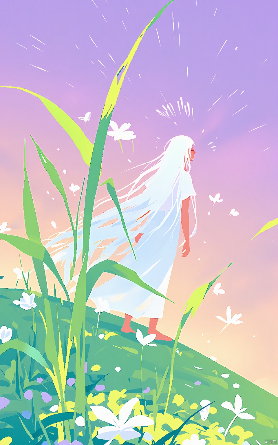 YHCH, a woman with long white hair, in a flowing white dress, stood in a field of tall, vibrant green grass and blooming white flowers. The background is a gradual shade of purple and pink,