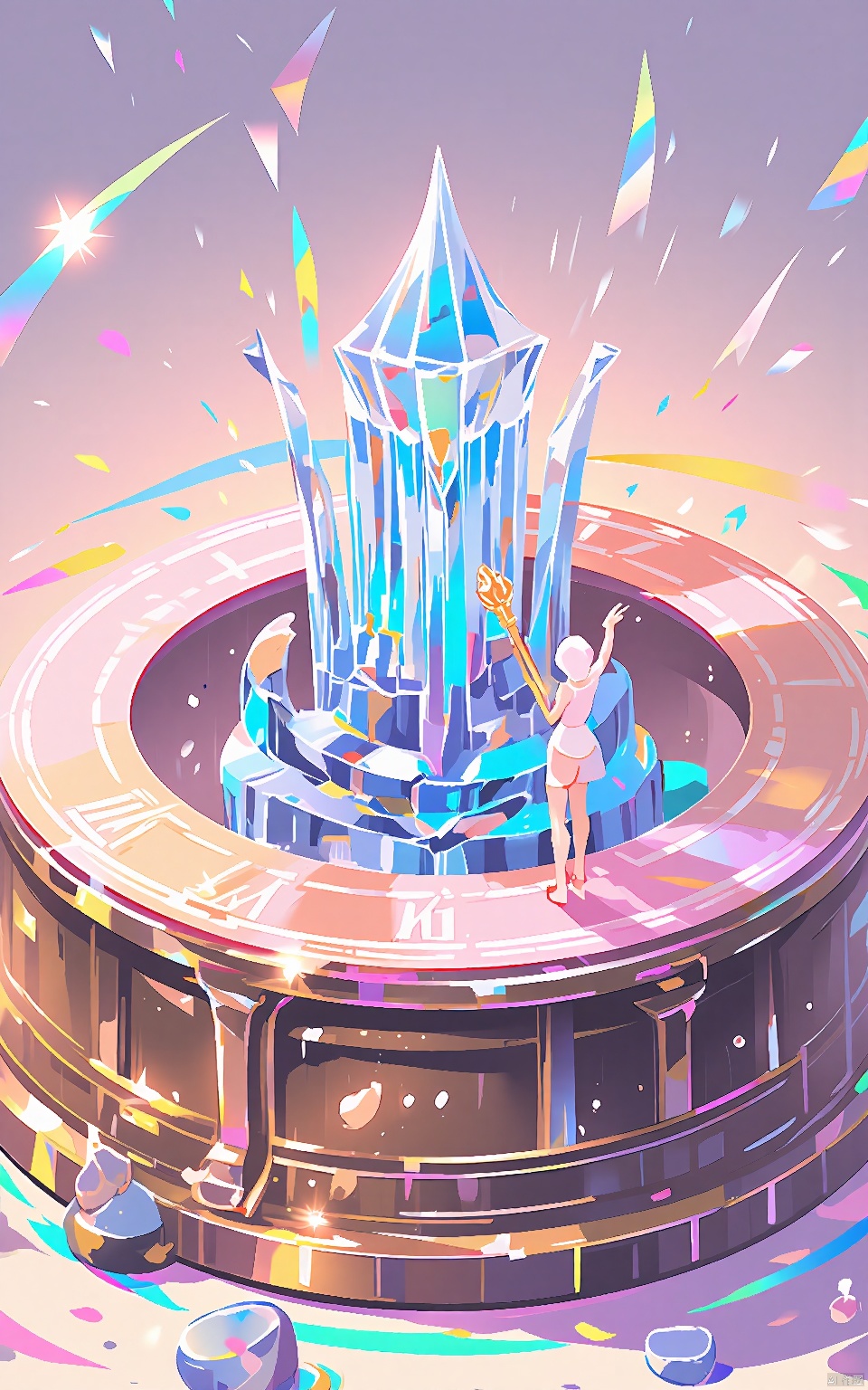 YHCH, a huge, ornate clock features a glowing crystal-like structure at the center of the clock. The face of the clock is carefully designed with Roman numerals and pink ribbon-like bands. A small, slender figure, probably a woman, stood on one of the hands of the clock, holding a long, thin gold scepter in its hand. The background is a soft gradient of pink and purple, glittering rainbow lines and particles radiating from the clock,