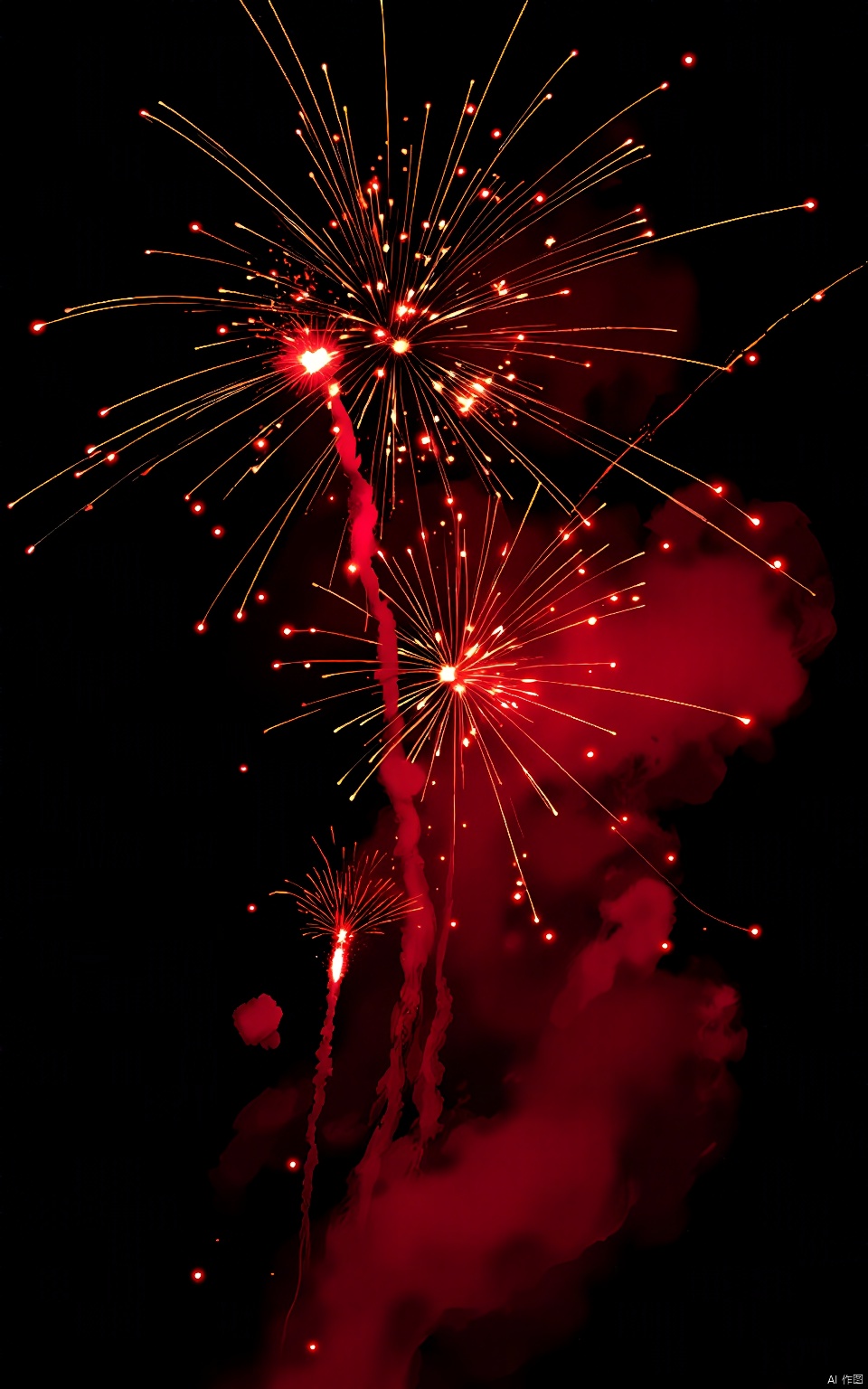 YHCH,The night sky was filled with colorful fireworks. The image captures the burst of red, yellow and white fireworks, accompanied by light trails that shoot up and out. In the background, the deep, dark sky contrasted with the bright, vivid colors of the fireworks,