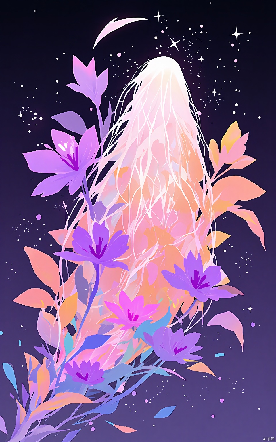 YHCH,It's a vibrant digital painting depicting a humanoid figure whose flowing, translucent, blond hair blends into a sea of colorful flowers. The background was a deep, starry night sky, with flowers in shades of purple, pink and orange,