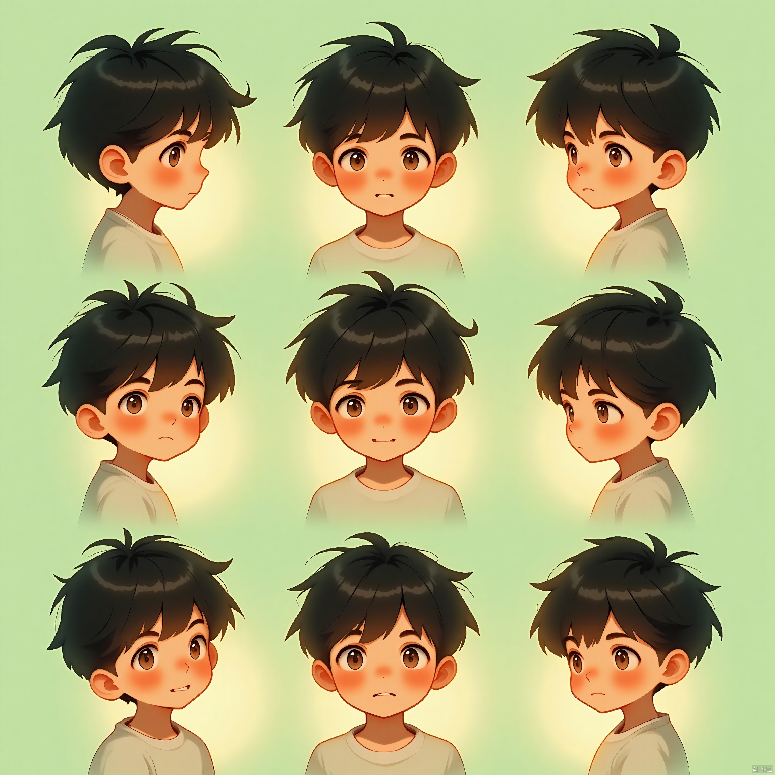 BQB,Character expression, A captivating digital illustration features a boy with short, dark hair, displayed in nine emotional moments: smiling shyly, looking thoughtful, gazing adoringly, and more. The background is a soft, sage green, creating a calming atmosphere. The expressions are arranged in a harmonious grid. The style is intimate and tender, focusing on his expressive eyes and soft, round cheeks. The lighting is soft and warm, casting gentle glows. The background fades into a soft depth of field.