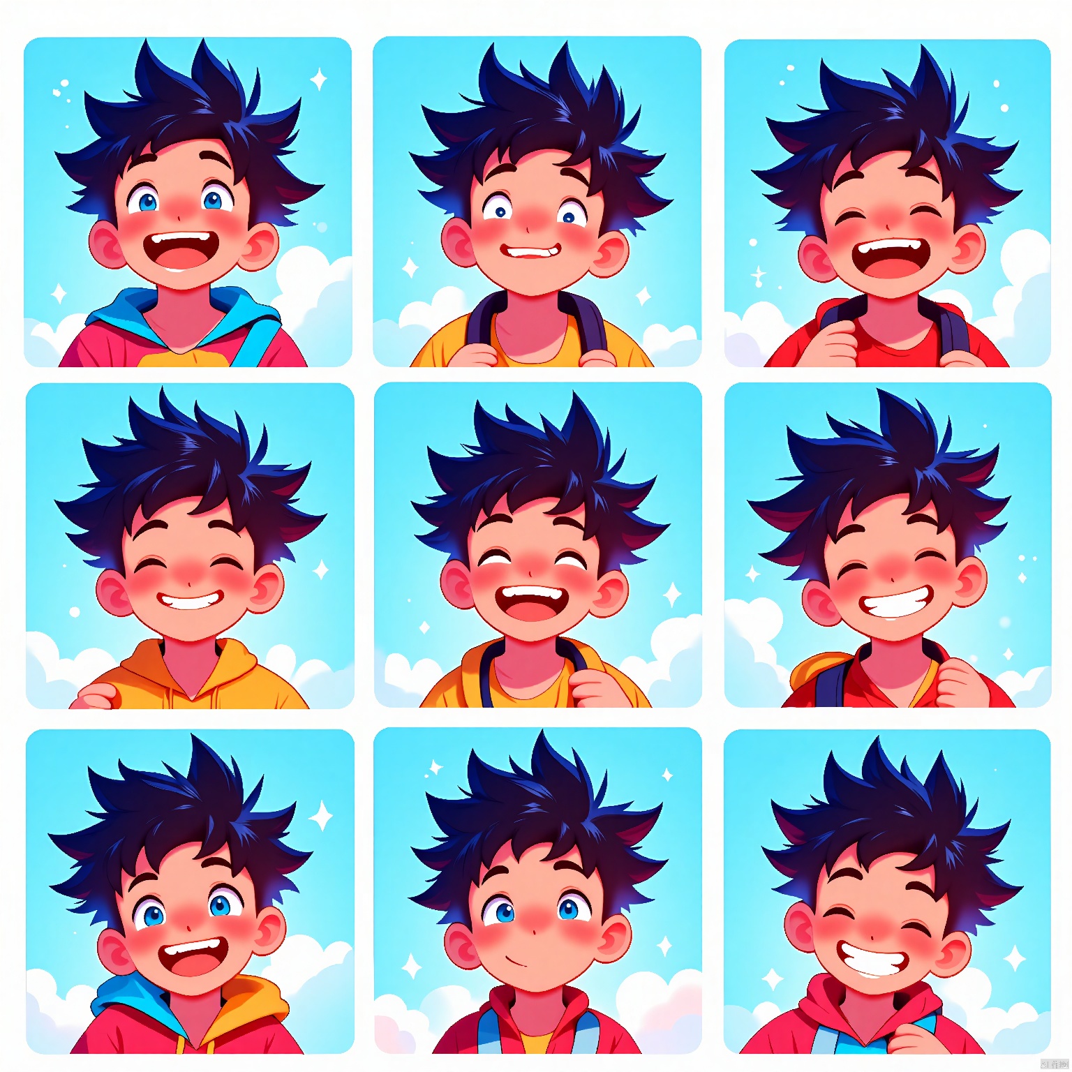 BQB,Character expression, A lively digital illustration showcases a boy with short, spikes hair in nine varied expressions: laughing heartily, winking mischievously, gazing thoughtfully, and others. The backdrop is a calming sky blue, while the character pops in vibrant neon colors. The layout forms a neat grid, spacing each expression evenly. The art style is energetic and playful, highlighting the boy's animated eyes and cheerful grin. The lighting is warm and inviting, casting soft glows. The background blurs into a gentle depth of field.