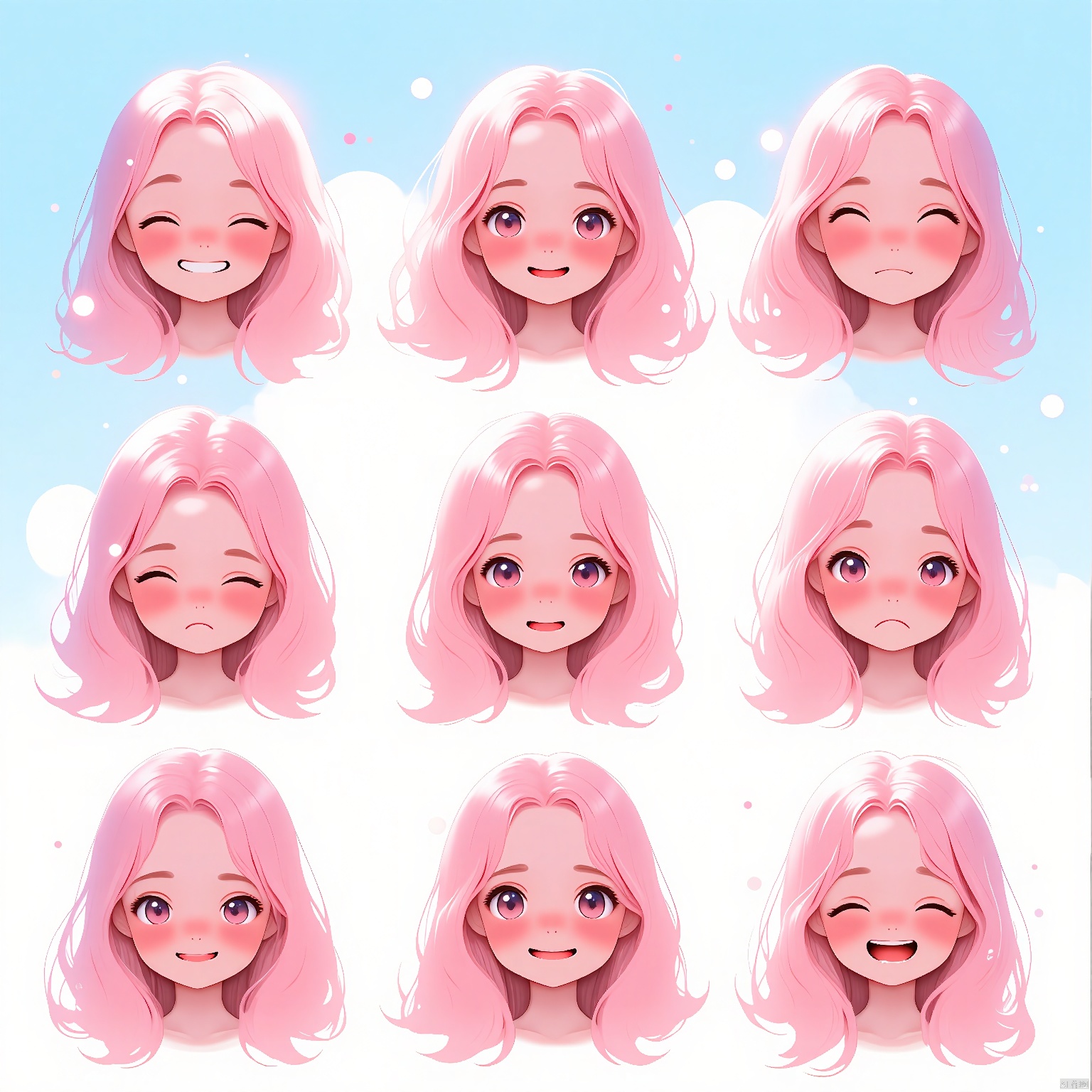 BQB,Character expression, A beautiful digital illustration showcases a girl with long, flowing pink hair, captured in nine enchanting expressions: giggling, blinking in surprise, looking curious, and more. The backdrop is a soft, baby blue, creating a serene atmosphere. The character stands out in pastel hues, arranged in a balanced grid. The style is whimsical and romantic, highlighting her large, luminous eyes and soft, rounded cheeks. The lighting is gentle and even, casting soft glows. The background melts into a gentle depth of field.