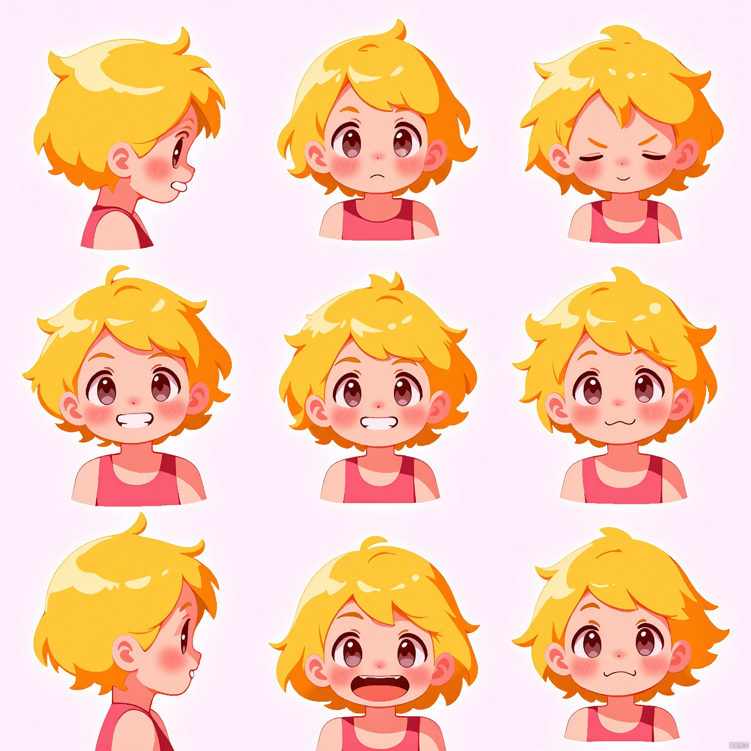 BQB,Character expression, A charming digital artwork showcases a girl with short, pixie-cut blond hair, rendered in nine expressive moments: grinning mischievously, blinking rapidly, looking curious, and more. The background is a soft, pastel pink, setting a playful tone. The character pops in bright, primary colors, arranged in a neat grid. The style is whimsical and fun, emphasizing her sparkling eyes and playful demeanor. The lighting is even and cheerful, with gentle highlights. The surroundings blur into a soft depth of field.