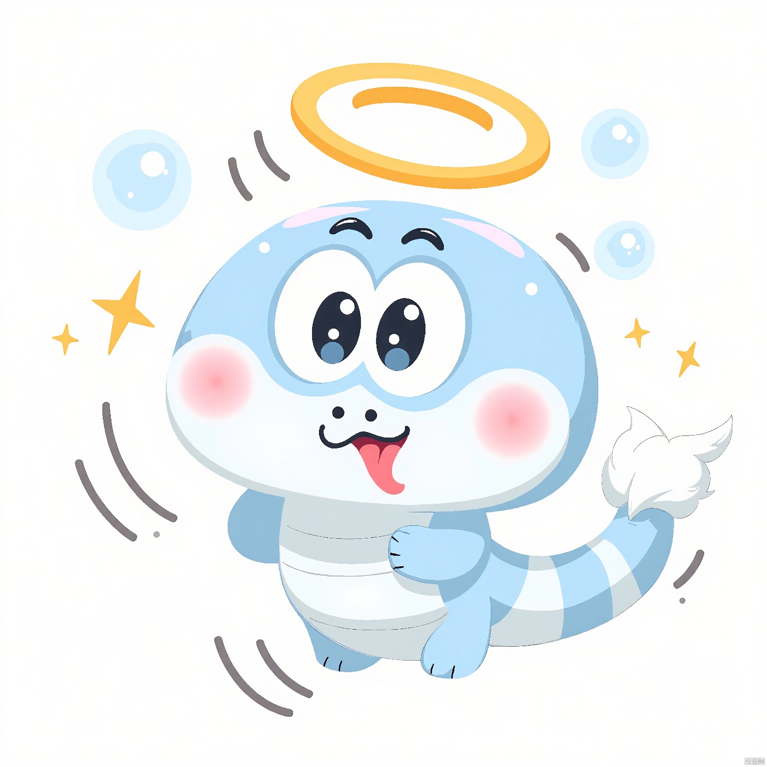 QWS, the trick-loving snake, wrapped in a tiny, angel halo, has big, innocent eyes and a tiny, white tongue sticking out in wonder. Its body is segmented into round, glowing orbs in shades of white, light blue, and silver, floating and drifting like bubbles. The background is a solid, untouched white.
