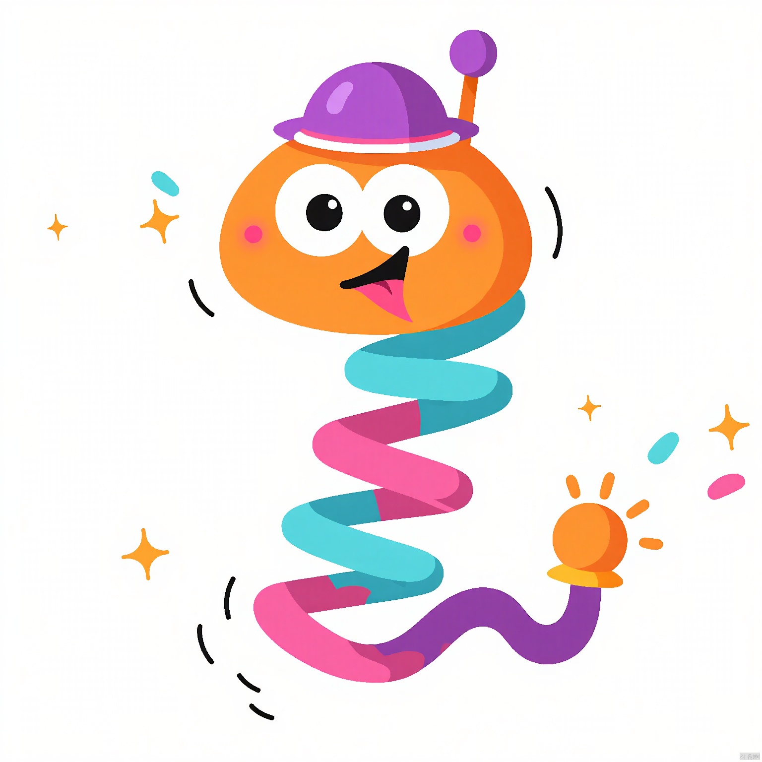 QWS, an mischievous snake with a knack for fun, it sports a purple hat, two tiny google-like eyes, and a pink tongue sticking out playfully. The snake's body is composed of zigzagging, spring-like segments in hues of orange, teal, magenta, and cyan, dancing whimsically across the scene. The background is a pristine white, enhancing its playful antics.
